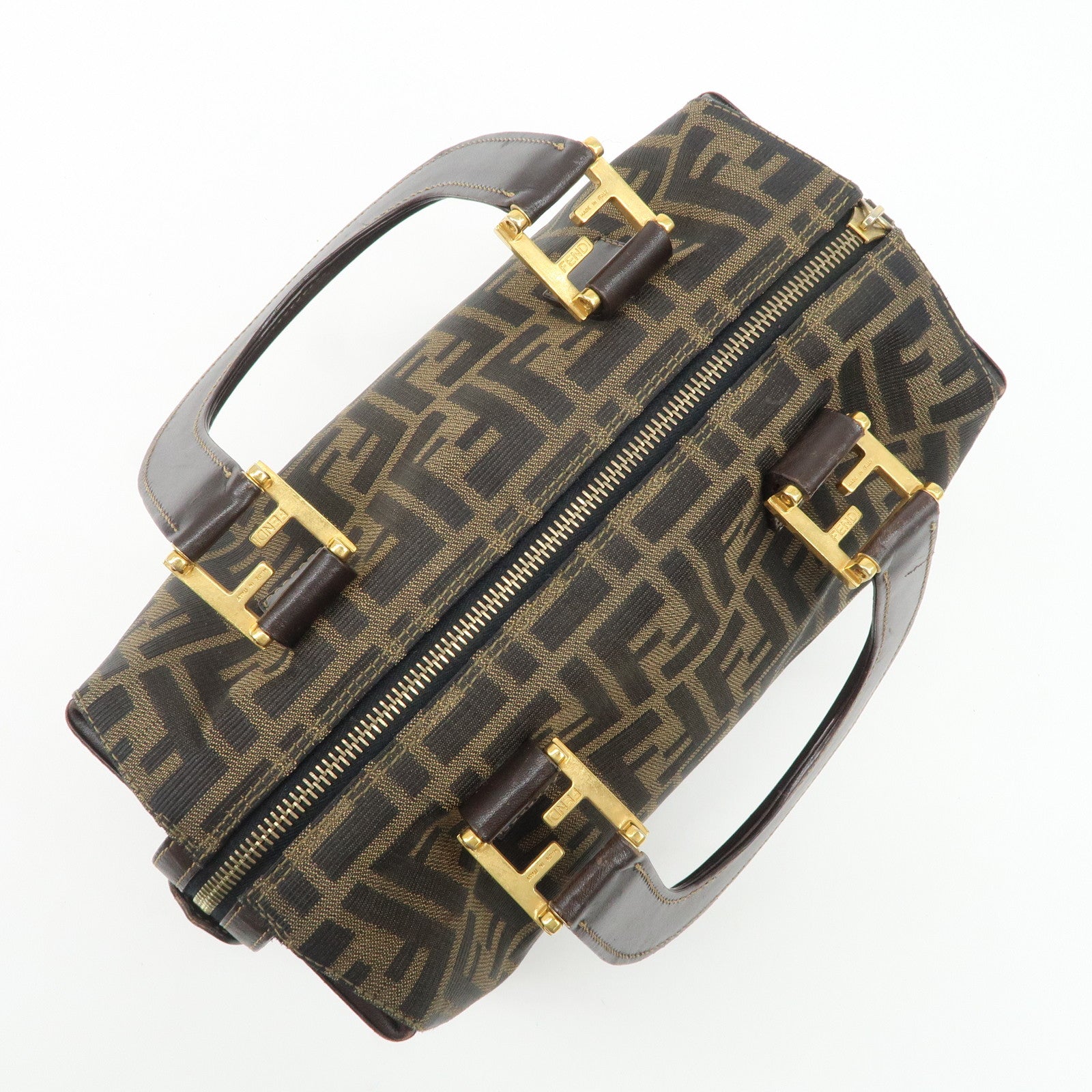 FENDI Zucca Canvas Leather Hand Bag Brown Black Used