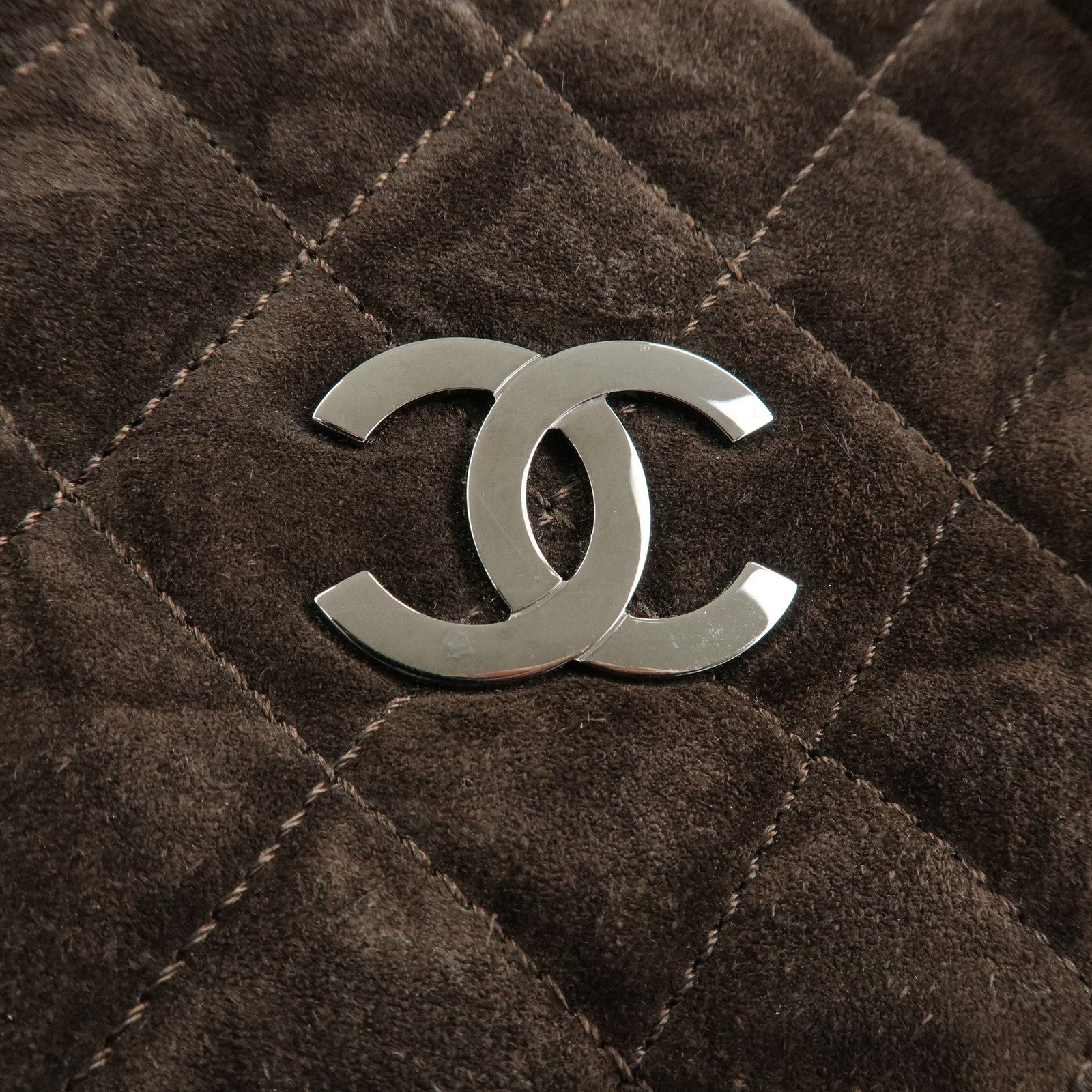 CHANEL Matelasse Suede Boston Bag Brown Silver Hardware Used