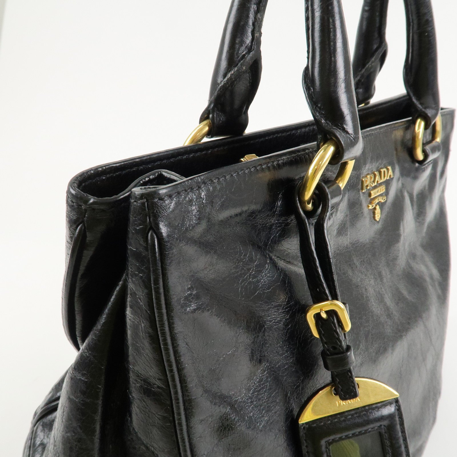 PRADA Leather 2way Bag Hand Bag Shoulder Bag Black Gold HDW Used