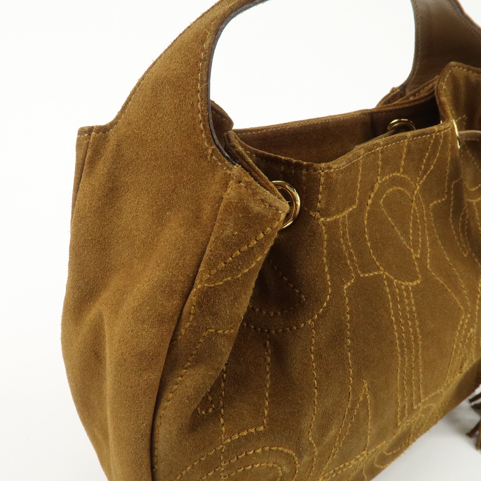 Salvatore Ferragamo Suede Hand Bag Stitch Brown BZ-21 5699 Used
