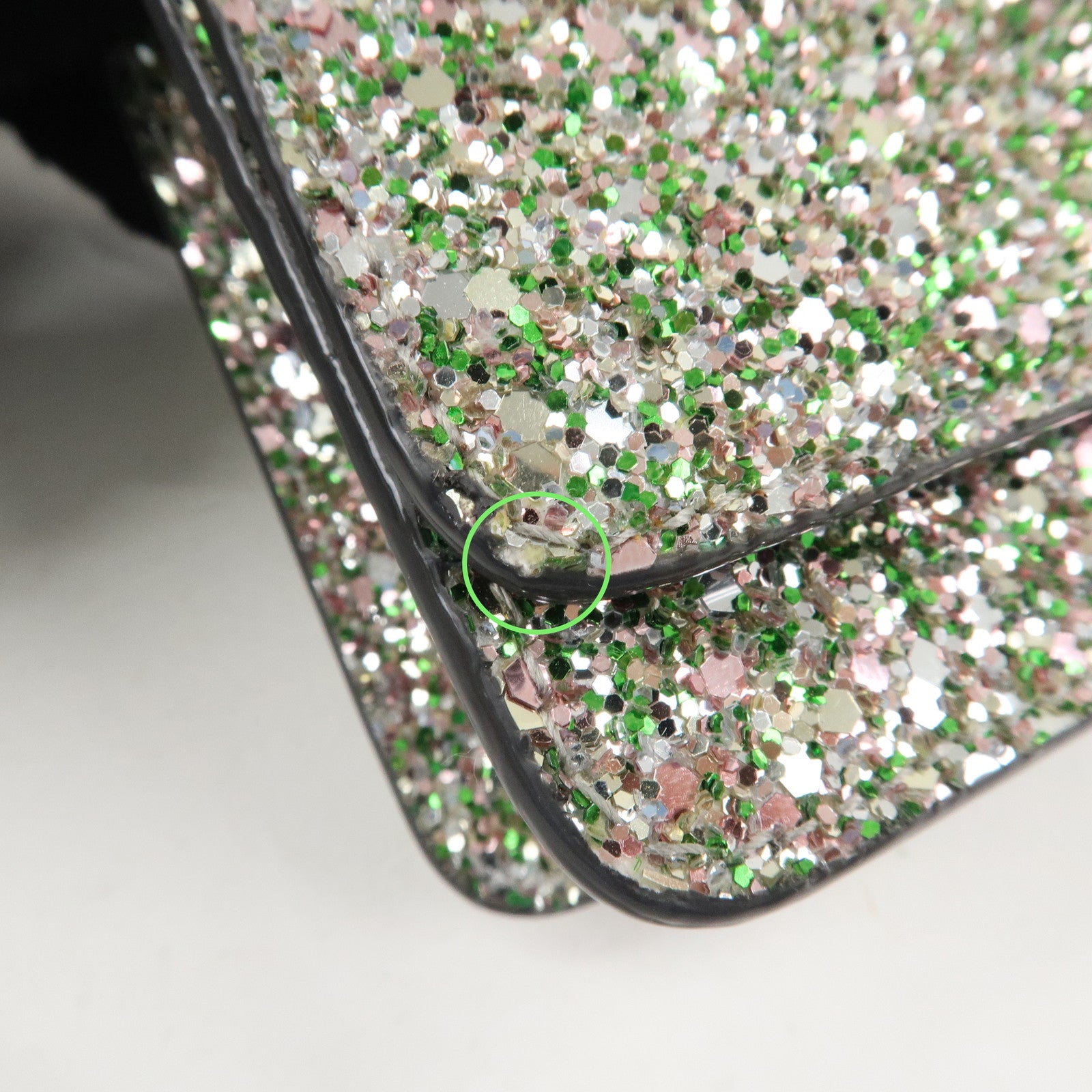 JIMMY CHOO Glitter Leather Shoulder Wallet Bag Green Silver Used