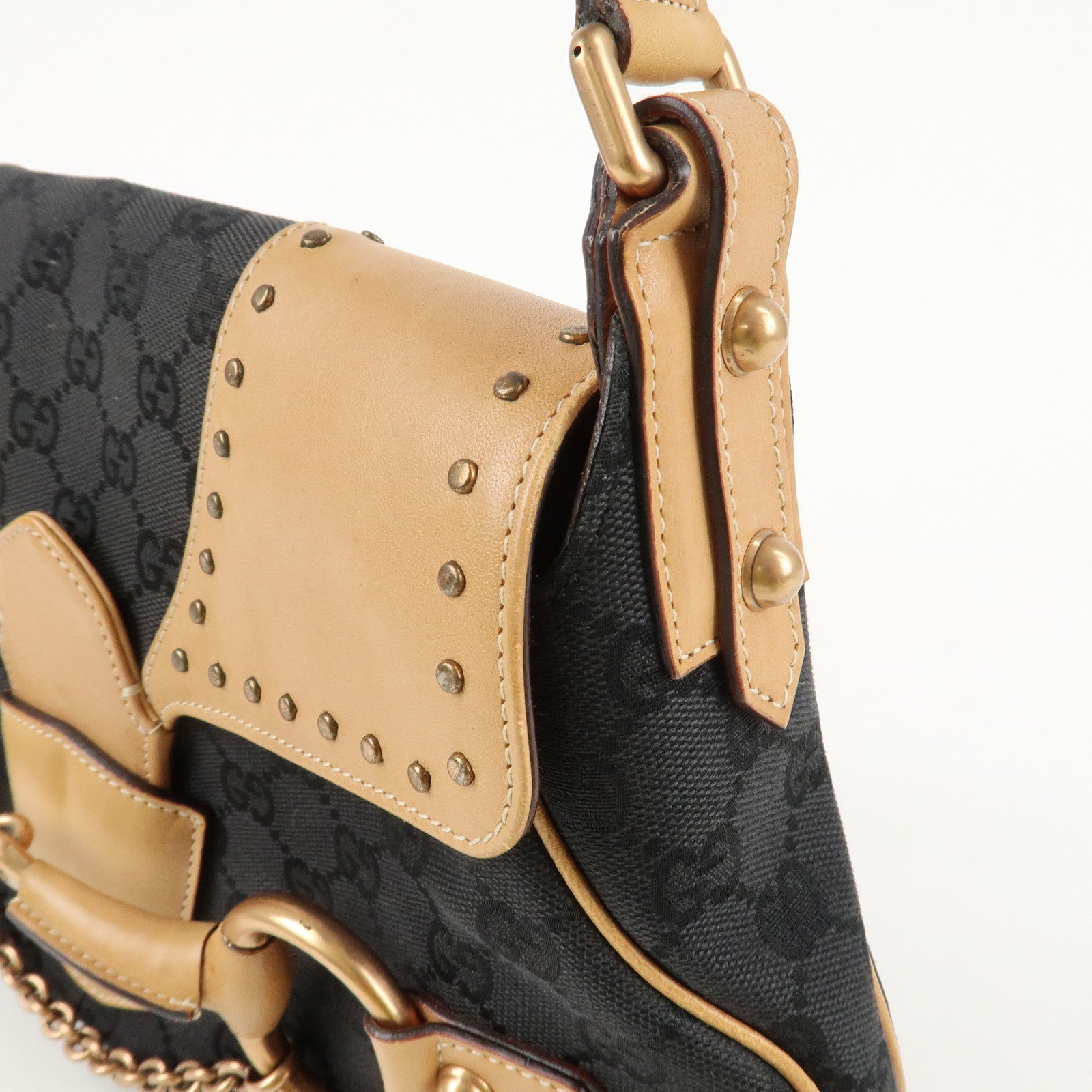 GUCCI Horsebit GG Canvas Leather Studs Shoulder Bag Black 114915 Used