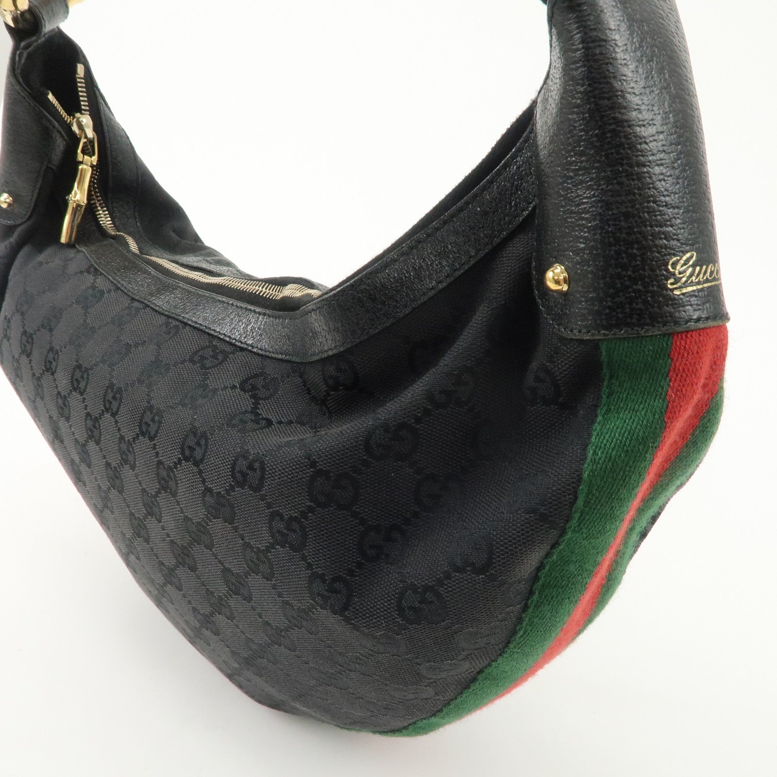 GUCCI Bamboo Sherry GG Canvas Leather Shoulder Bag Black 131036 Used
