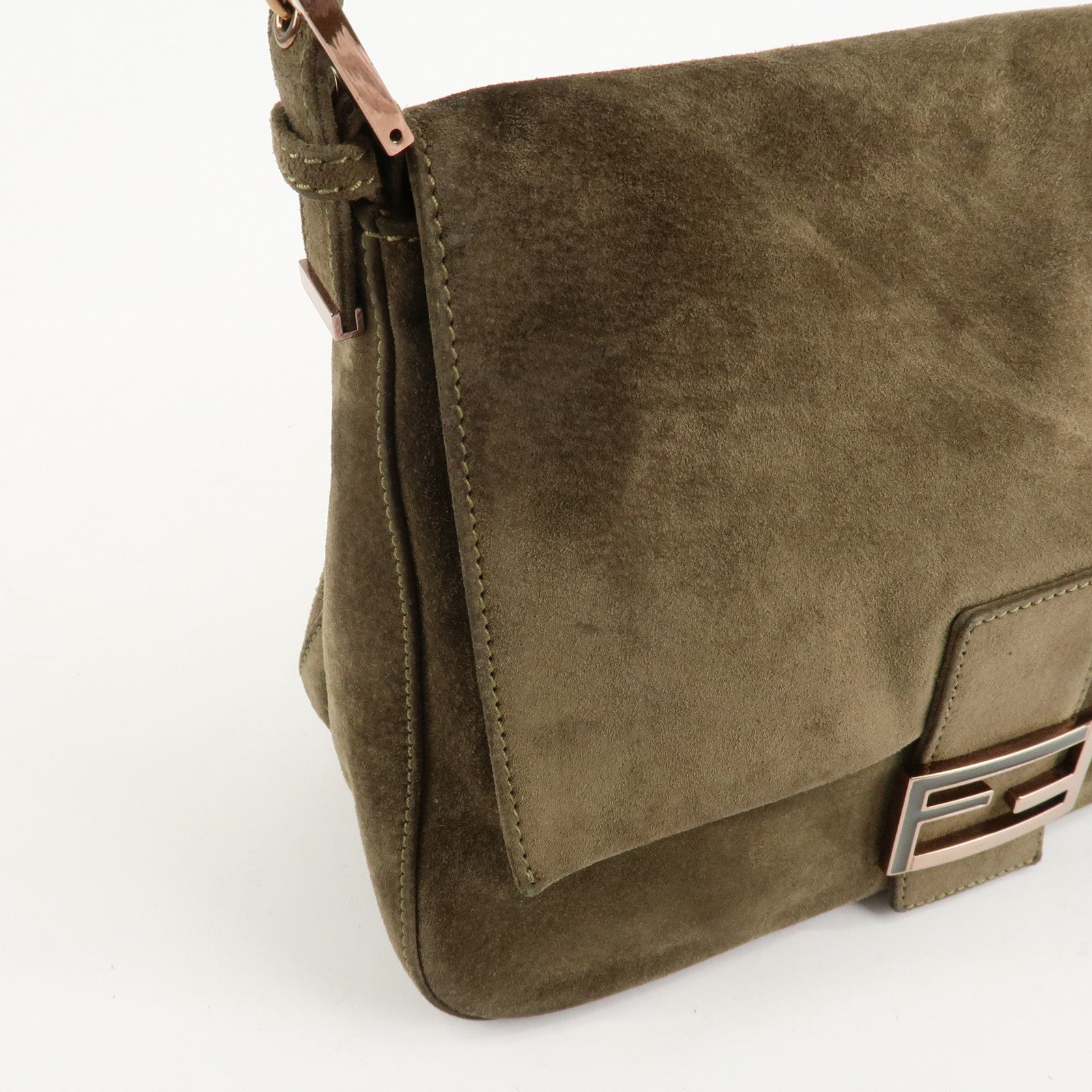 FENDI Mamma Baguette Suede Shoulder Bag Khaki 8BR001 Used