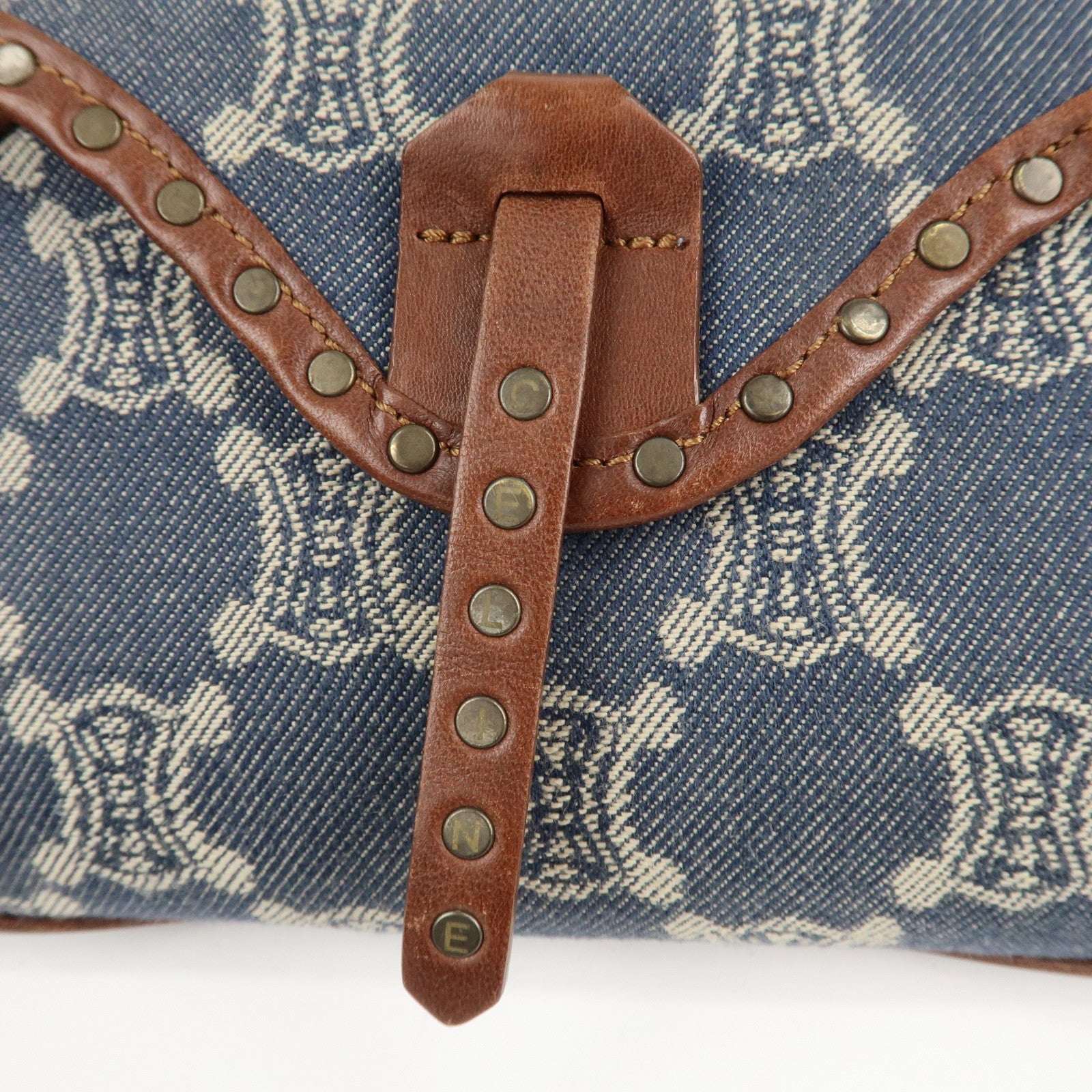 CELINE Macadam Denim Leather Shoulder Bag Blue Brown Used