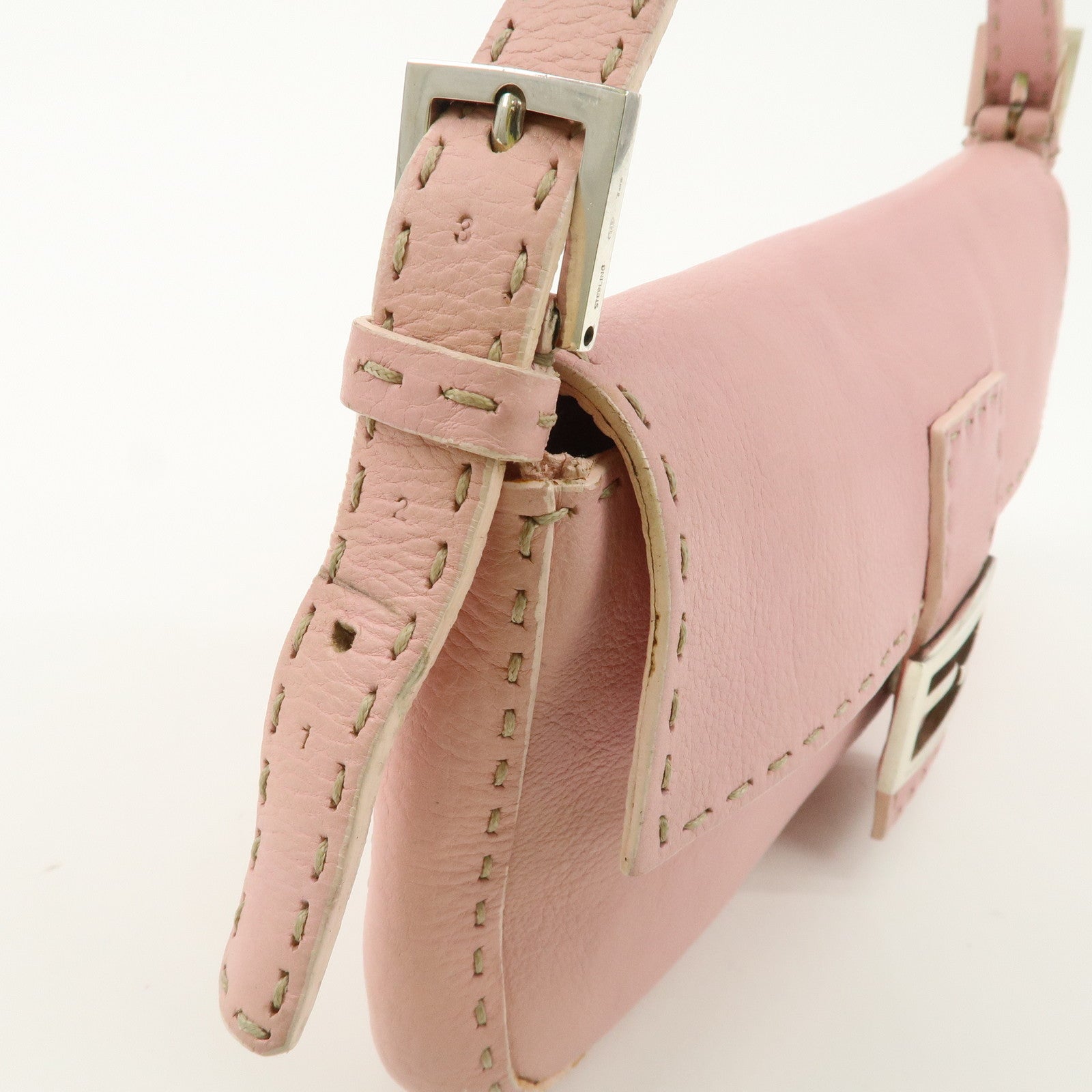 FENDI Selleria Mamma Baguette Leather Shoulder Bag Pink 8BR101 Used