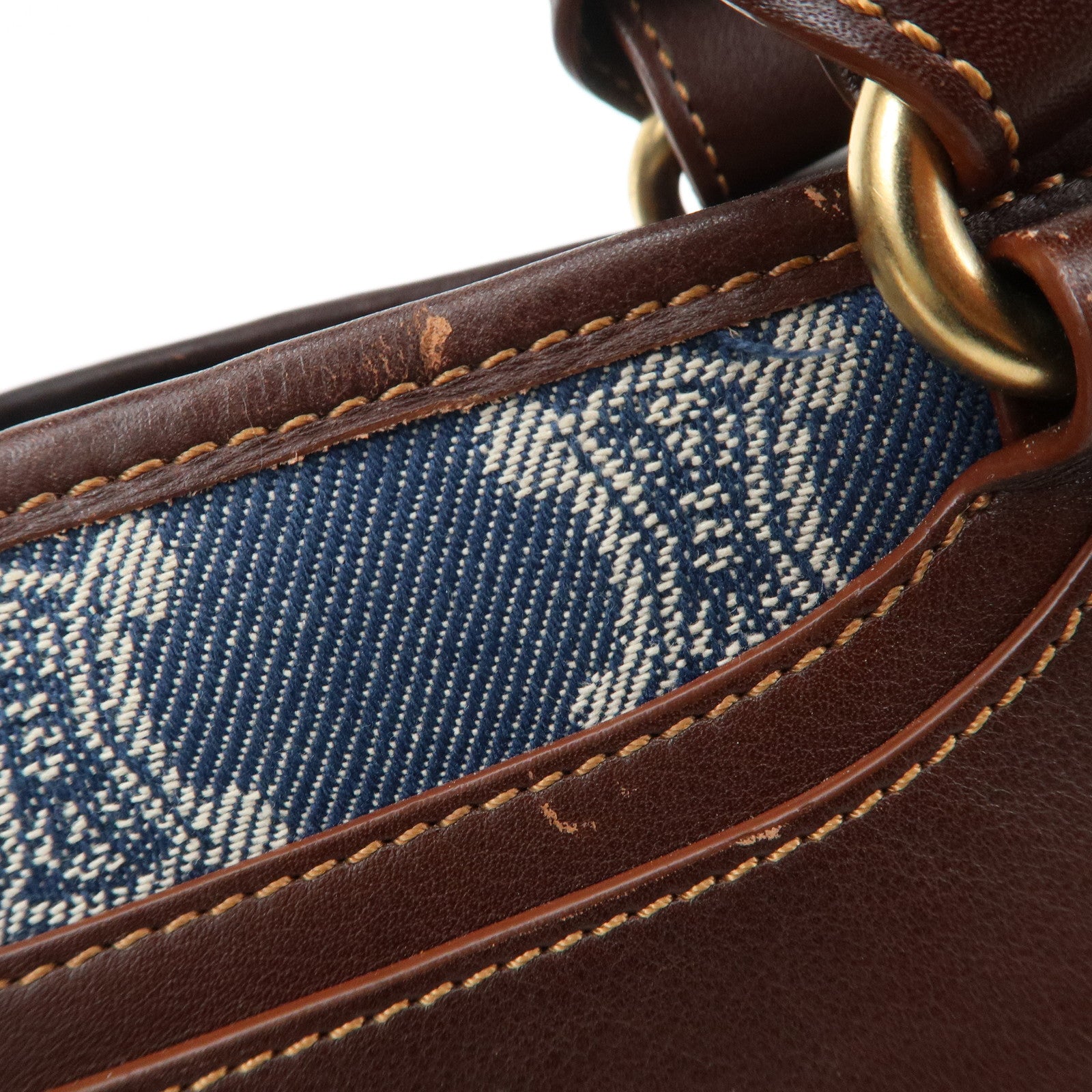 CELINE Macadam Denim Canvas Leather Boogie Bag Tote Bag Blue Brown Used