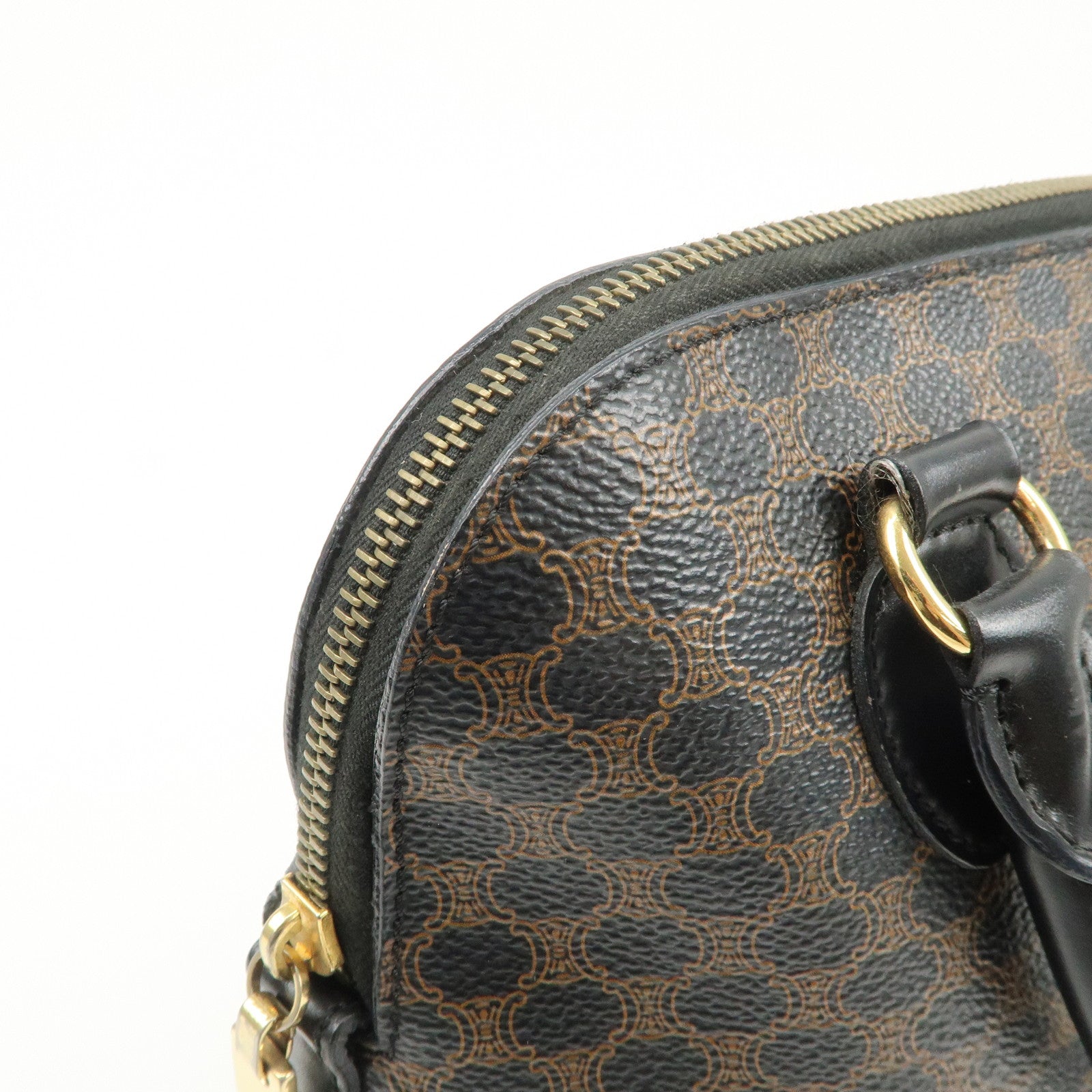 CELINE Macadam PVC Leather Hand Bag Black Brown Gold HDW Used