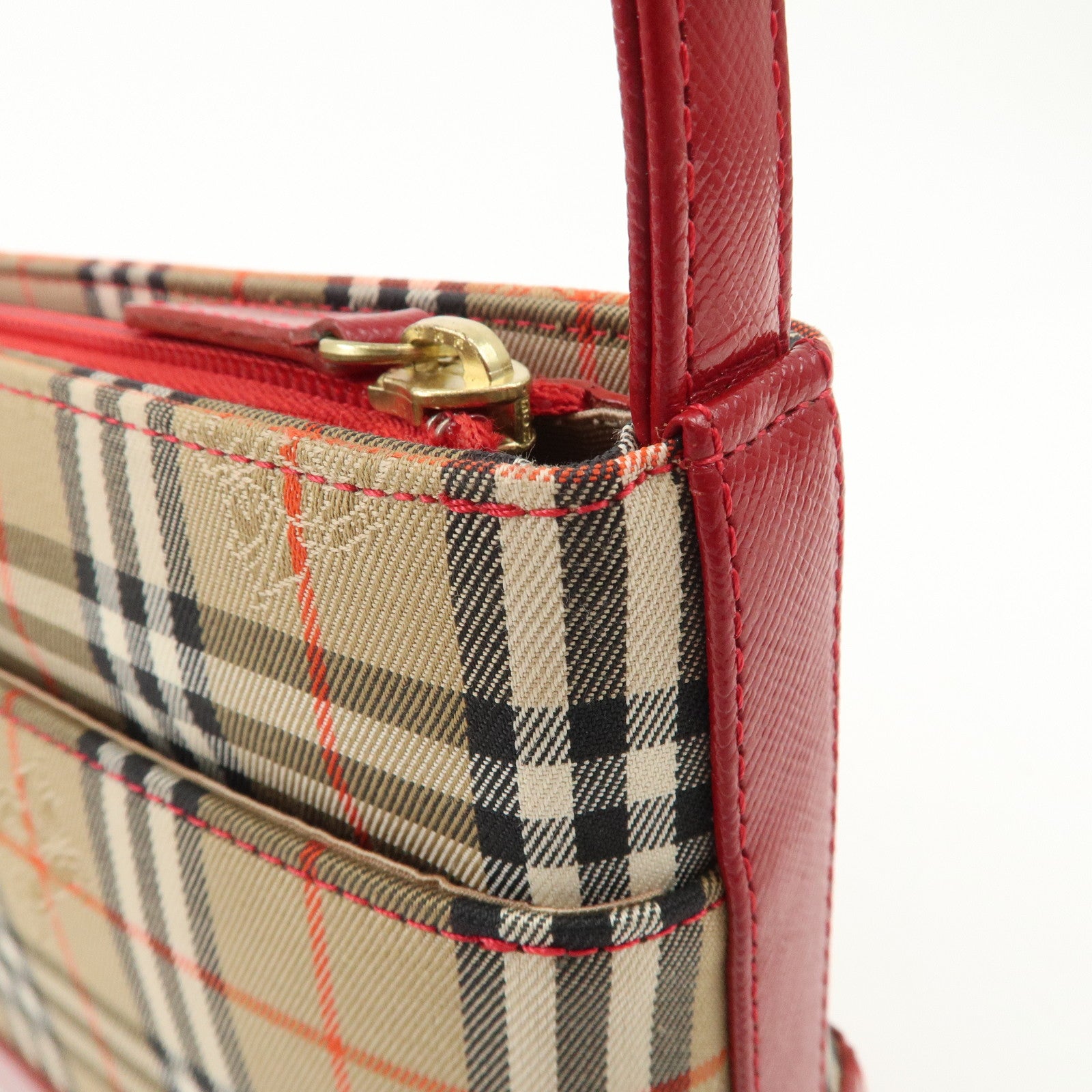 BURBERRY Nova Plaid Canvas Leather Shoulder Bag Hand Bag Red Used