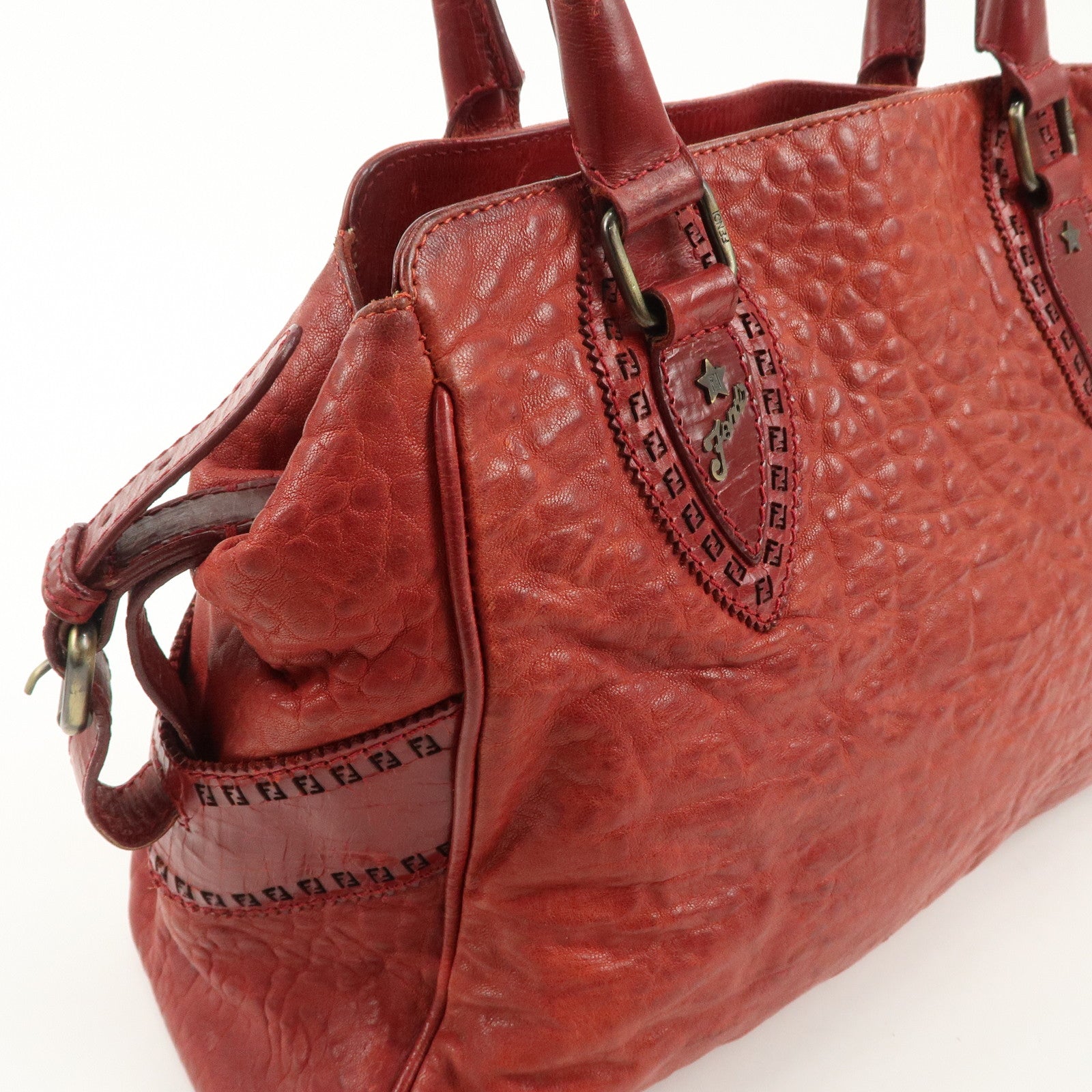 FENDI Ethnico Leather Tote Bag Shoulder Bag Red 8BN162 Used