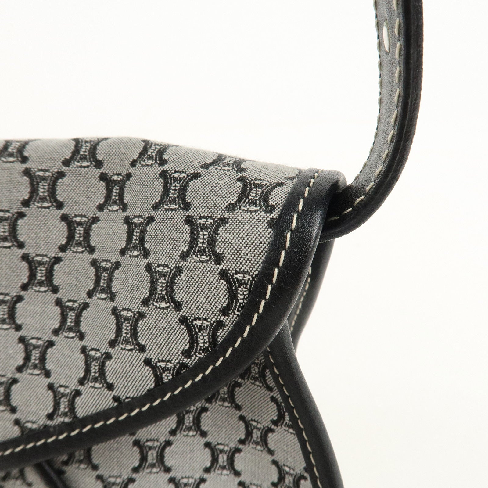 CELINE Macadam Canvas Leather Shoulder Bag Gray Black Used