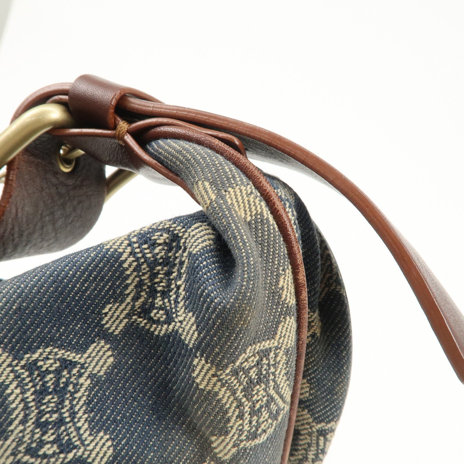 CELINE Macadam Canvas Leather Shoulder Bag Blue Brown Used