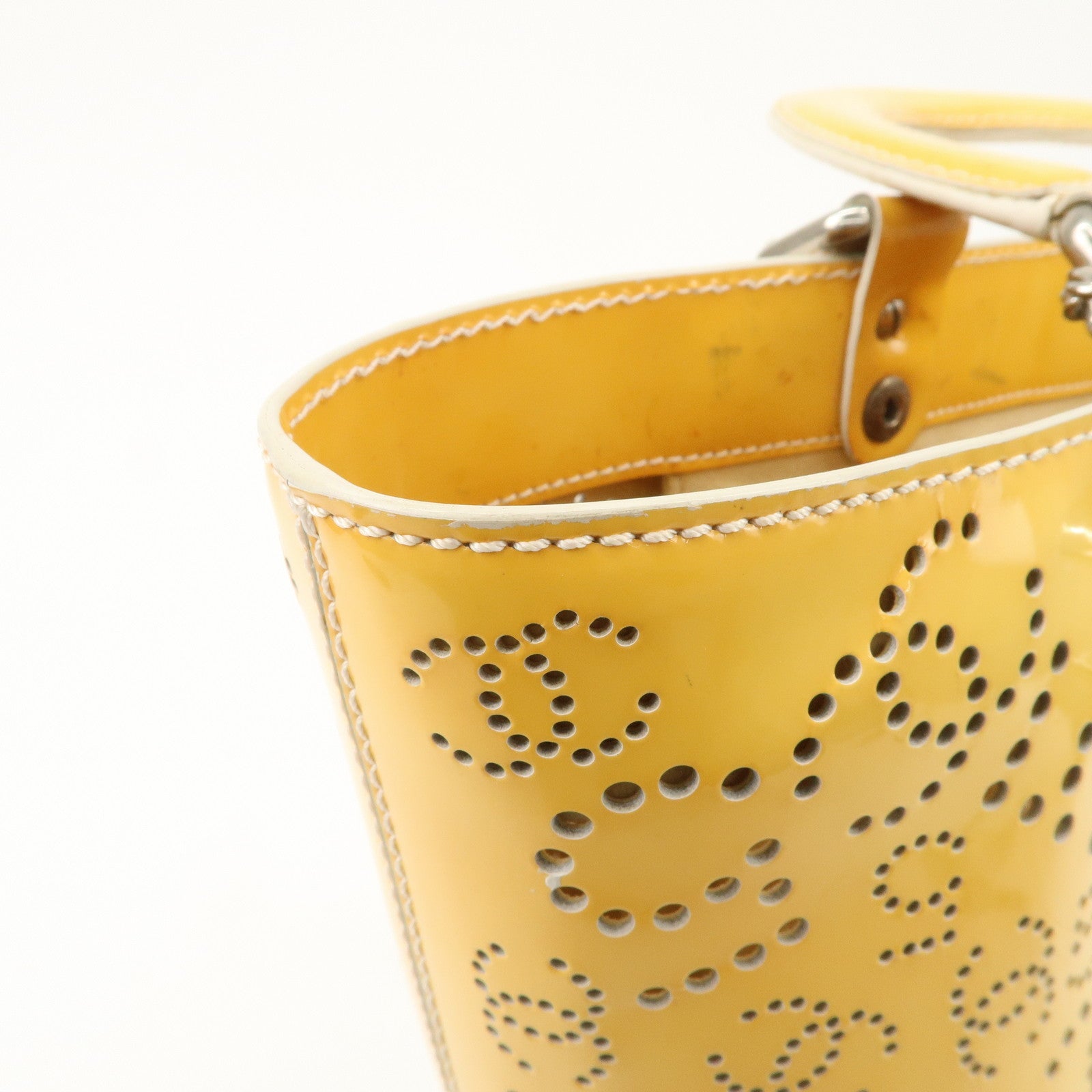 CHANEL COCO Mark No.5 Patent Leather Punching Hand Bag Yellow Used