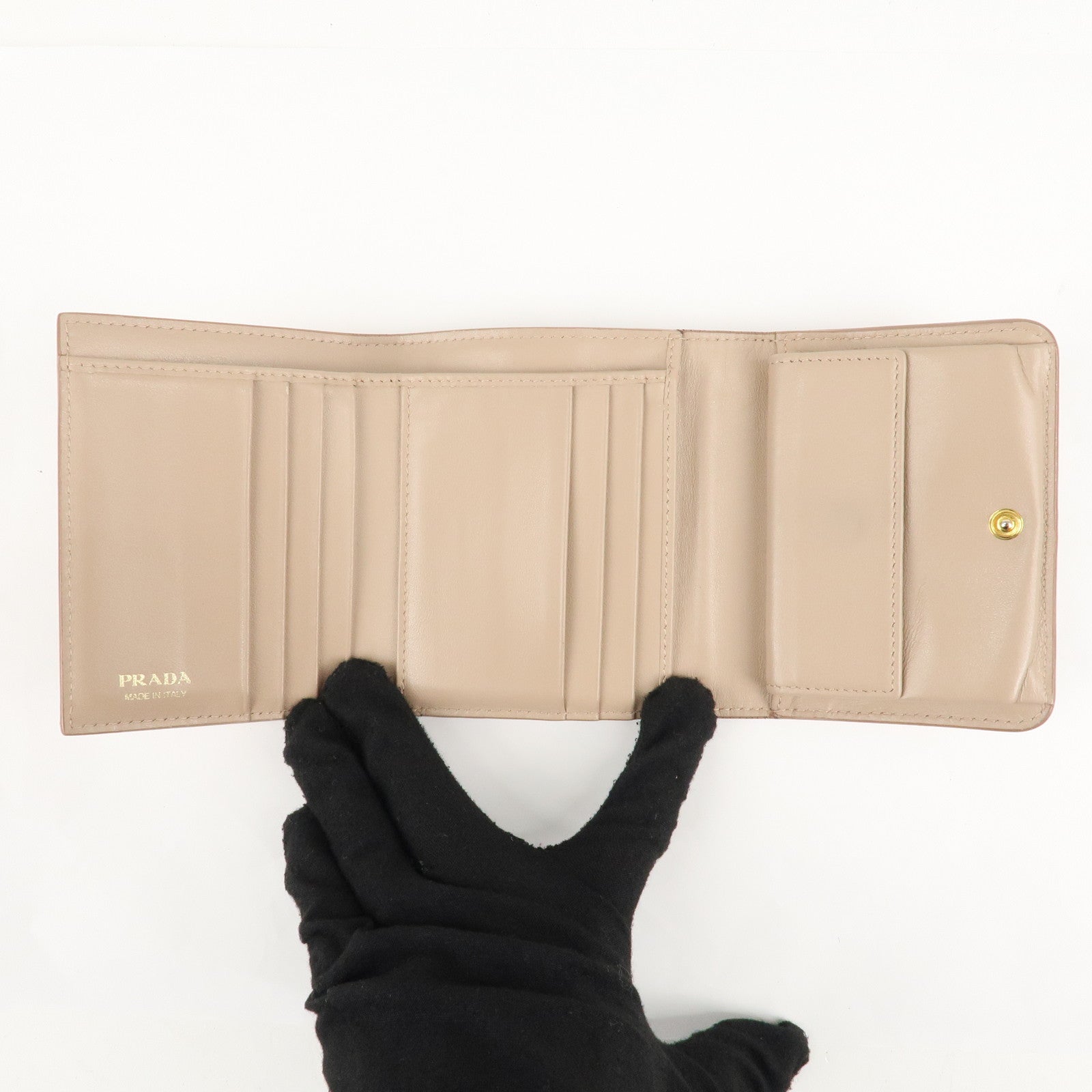 PRADA Saffiano Leather Trifold Compact Wallet Beige 1MH176 Used