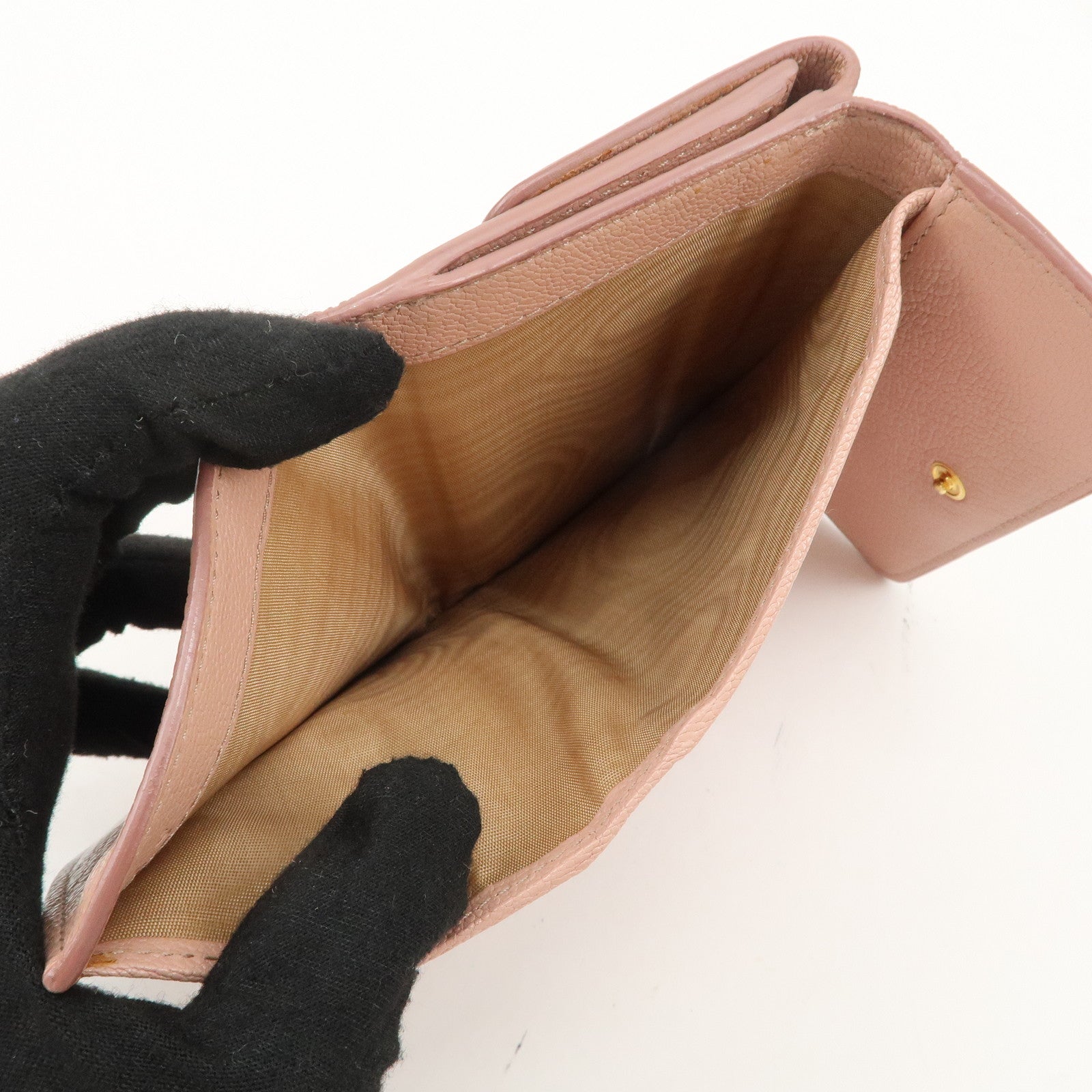 MIU MIU Leather Double Hook Bi-fold Wallet Pink Gold Hardware Used