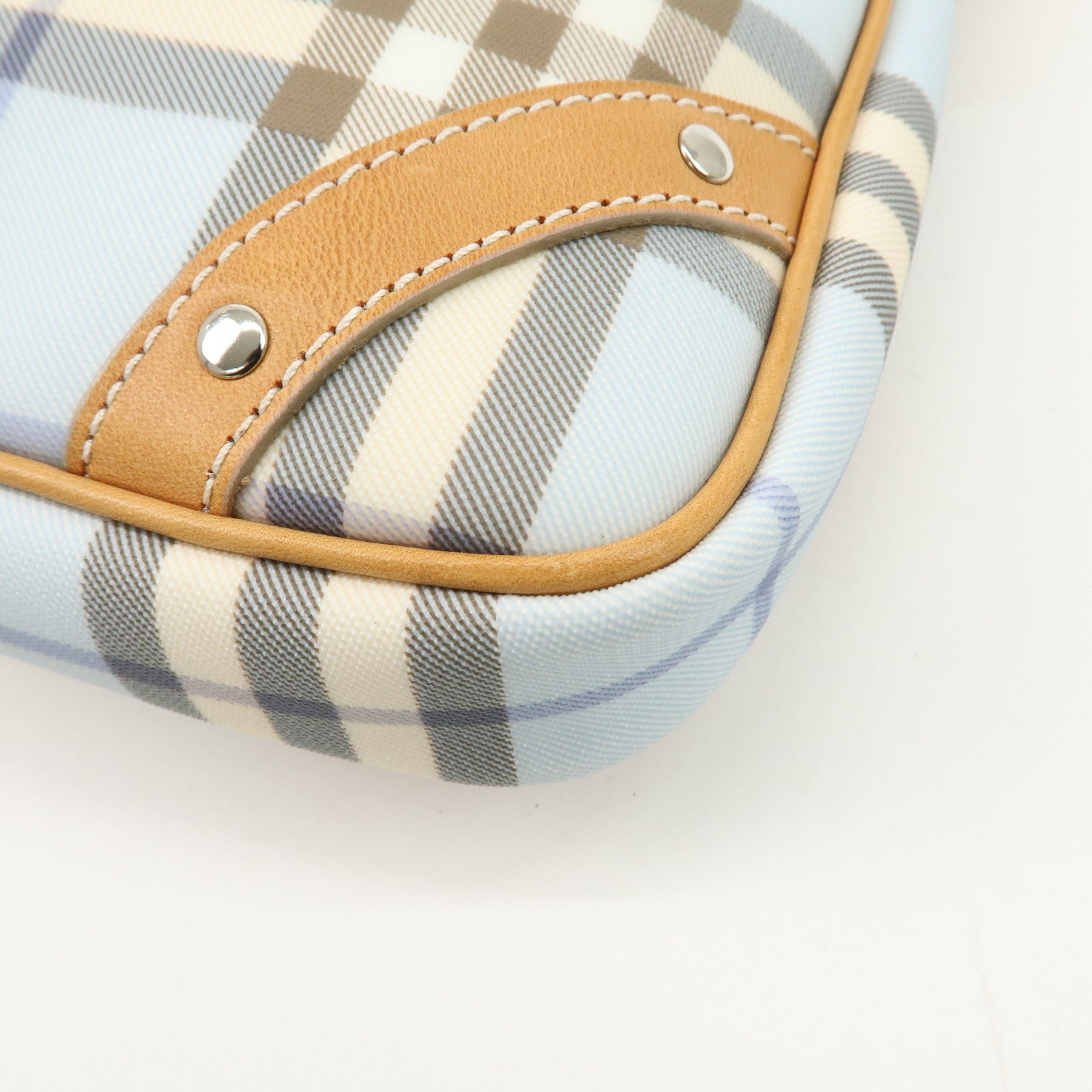 BURBERRY PVC Leather Nova Plaid Shoulder Bag Hand Bag Beige Blue Used