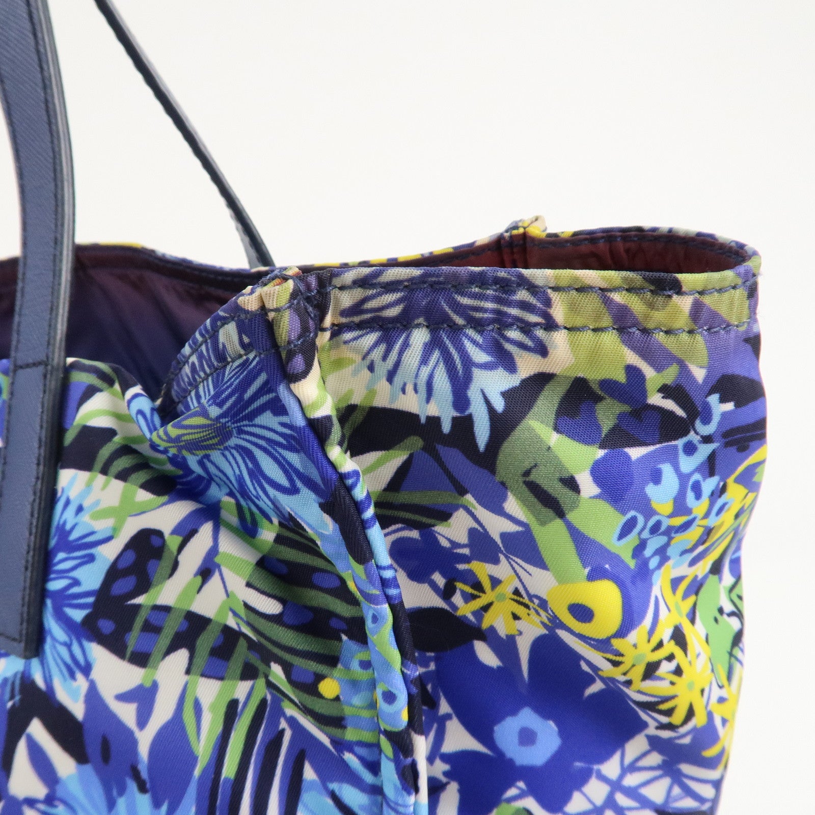 PRADA Logo Nylon Leather Tote Bag Floral Print Blue BN2851 Used
