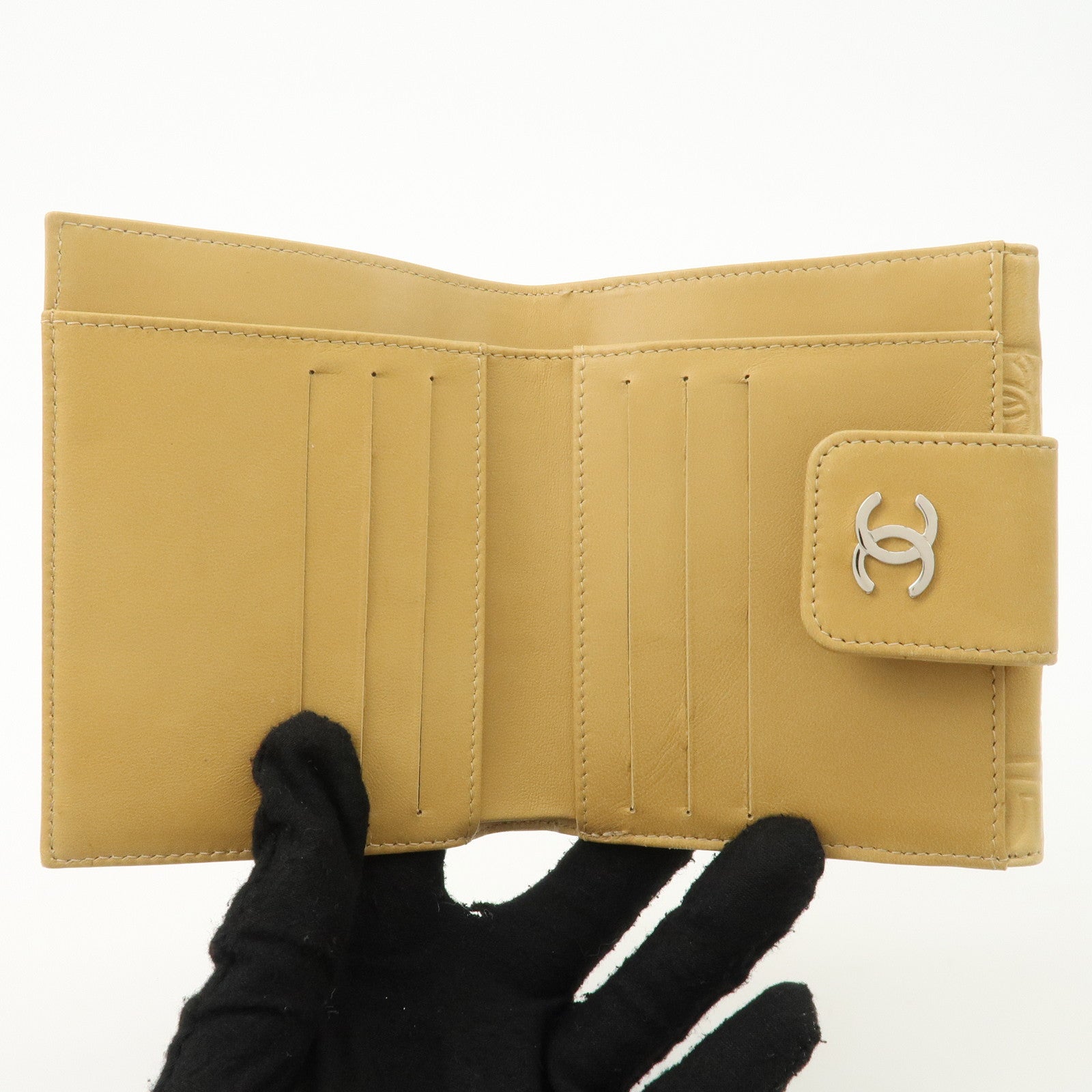 CHANEL Icon Line Lamb Skin W Flap Bi-fold Wallet Beige A24212 Used