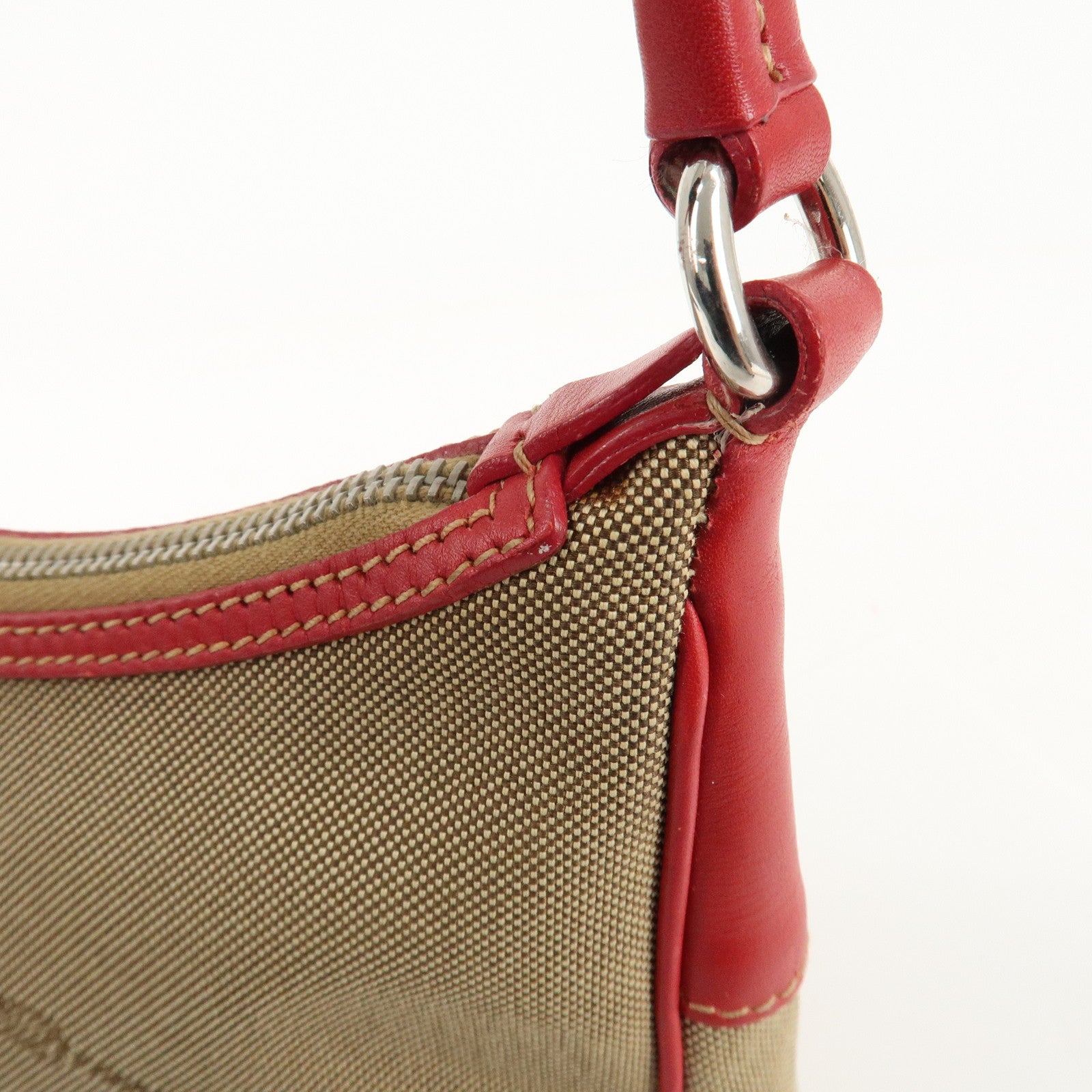 PRADA Logo Jacquard Leather Shoulder Bag Beige Red Used