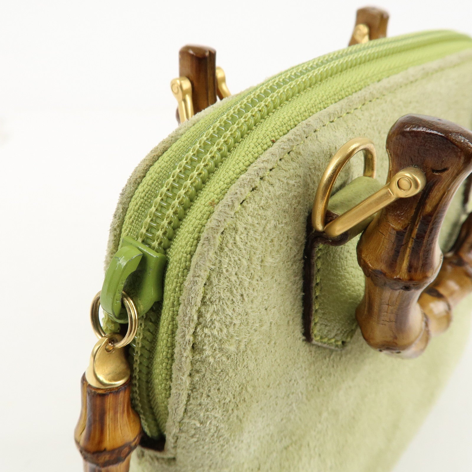 GUCCI Bamboo Suede Leather 2WAY Shoulder Bag Green 007.2032 Used