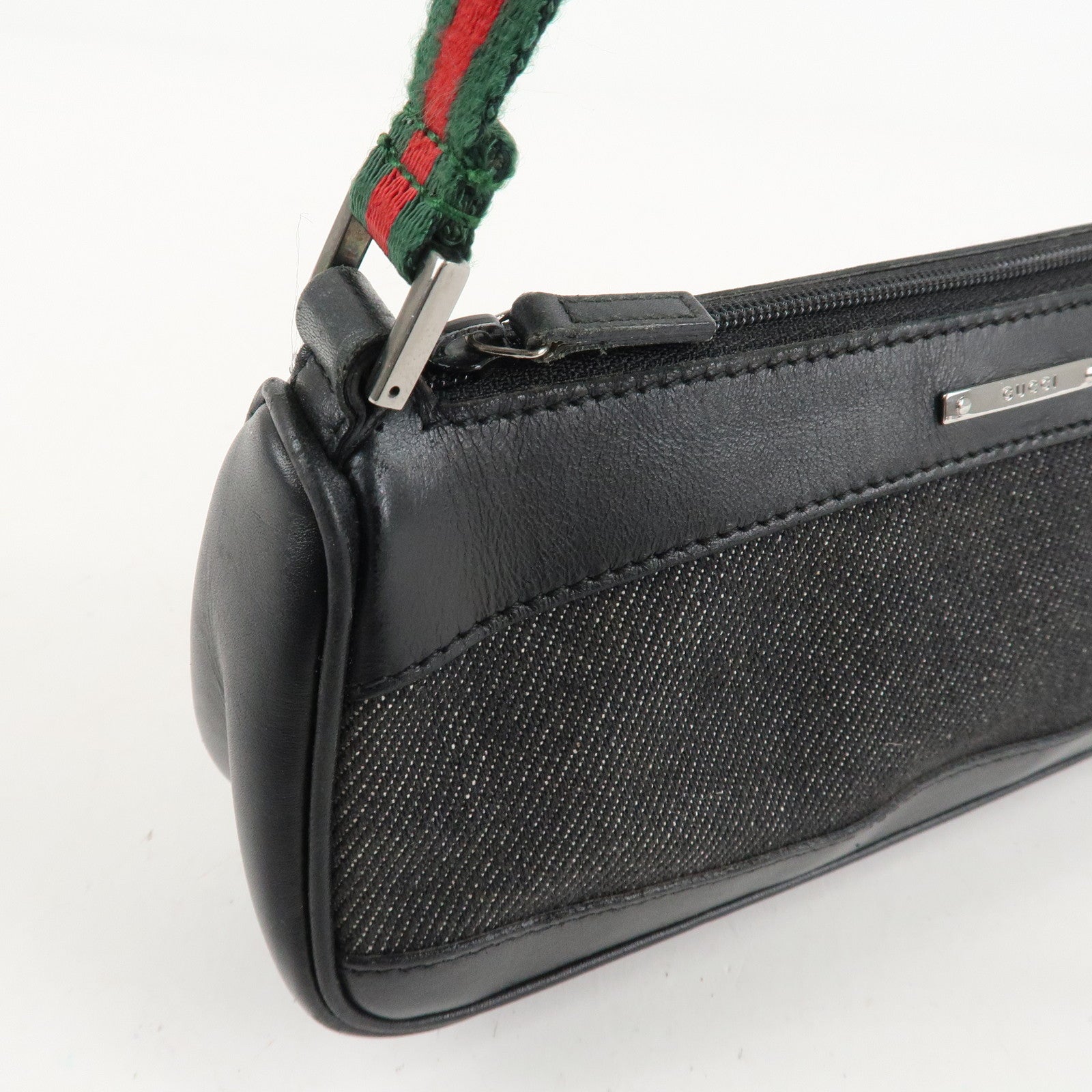GUCCI Sherry Canvas Leather Accessory Pouch Hand Bag Black 92820 Used