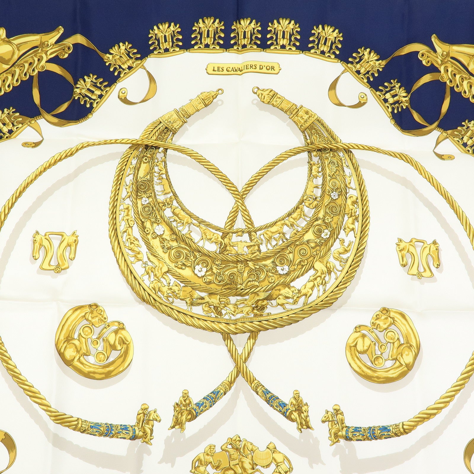 HERMES Carre 90 Silk 100% Scarf LES CAVALIERS D'OR Navy White