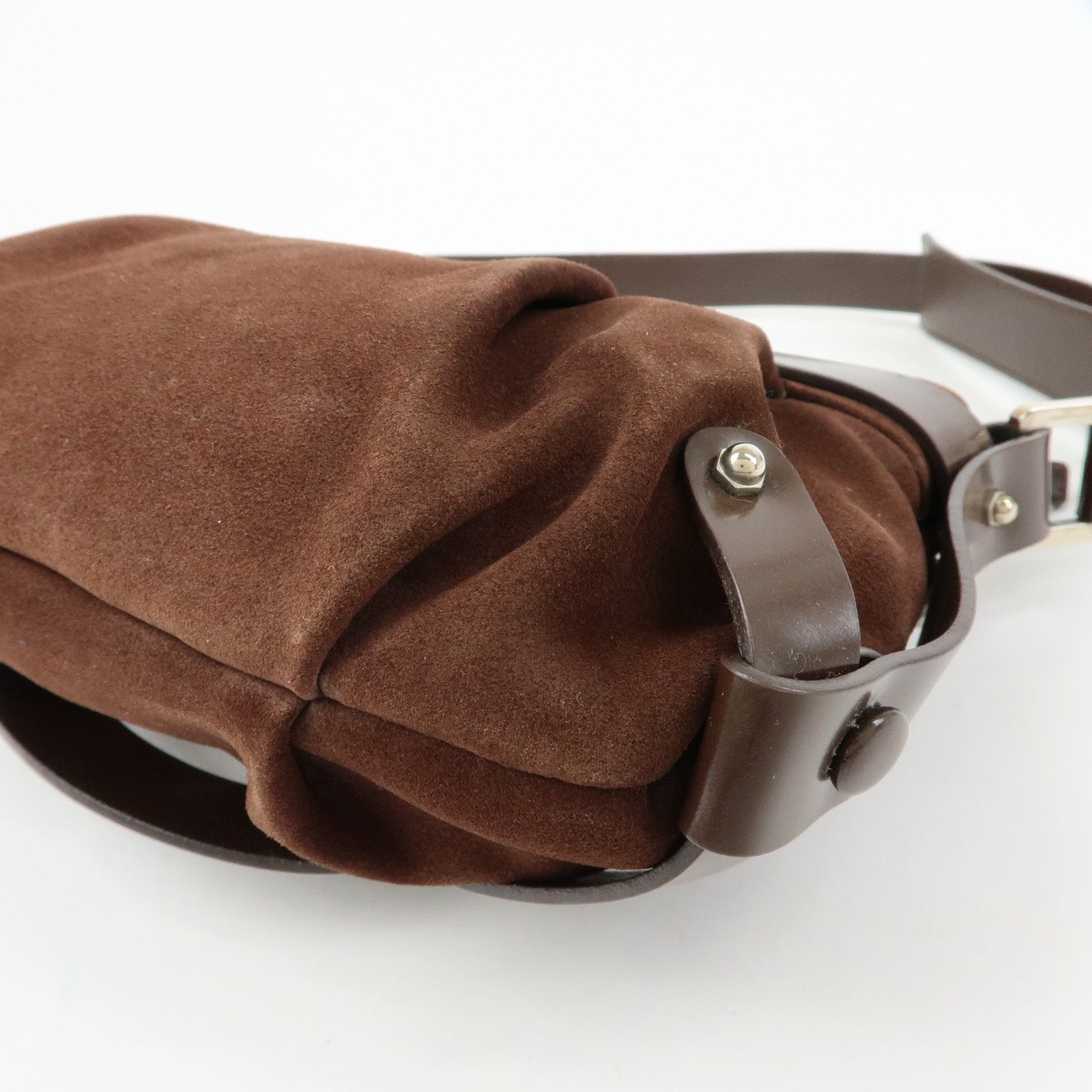 Ferragamo Gancini Suede Leather Hand Bag Shoulder Bag Dark Brown