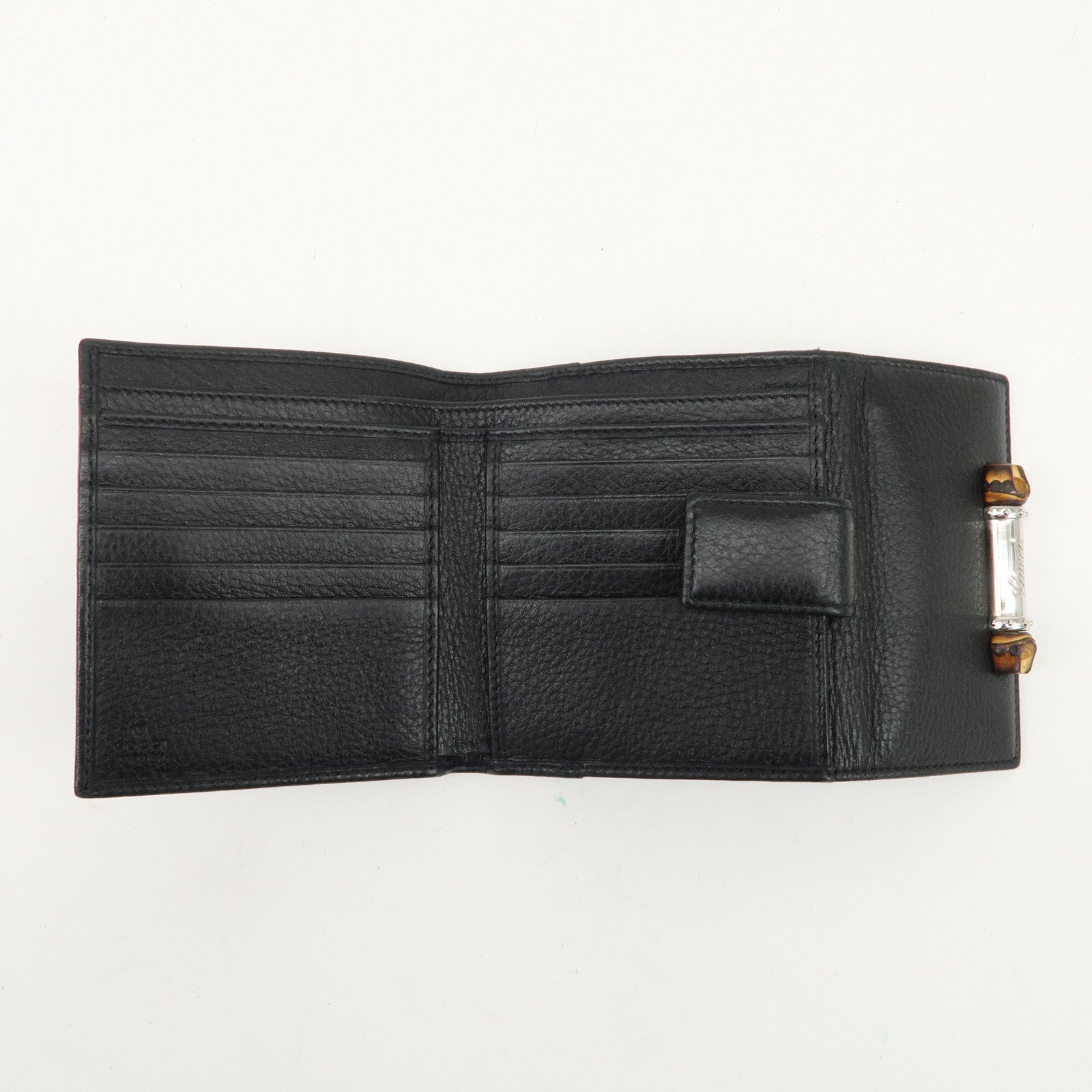 GUCCI Bamboo Leather W Hook Bi-fold Wallet Black 233049 Used