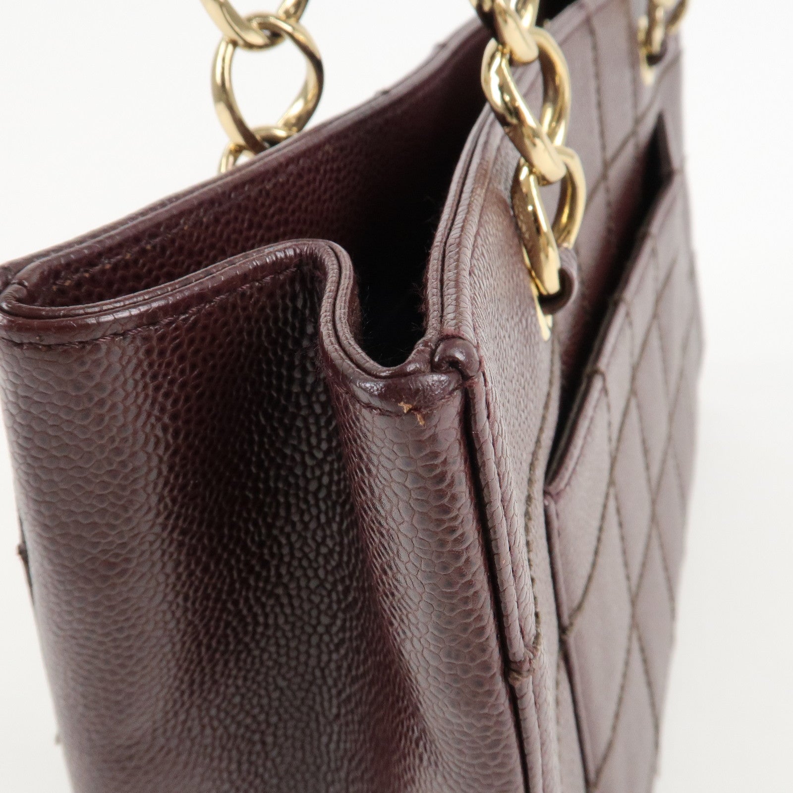 CHANEL Chocolate Bar Caviar Skin Chain Shoulder Bag Wine Gold Used