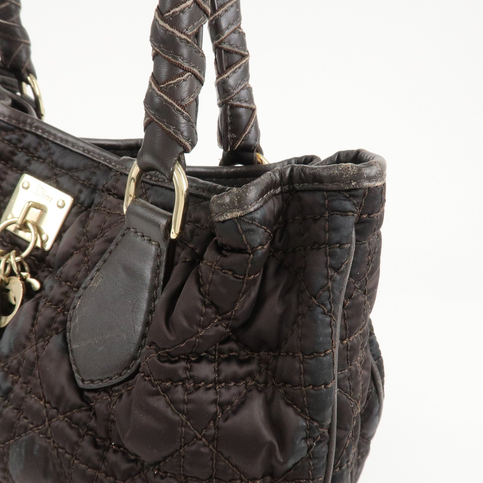 Christian Dior Cannage Nylon Leather Tote Bag Dark Brown Used
