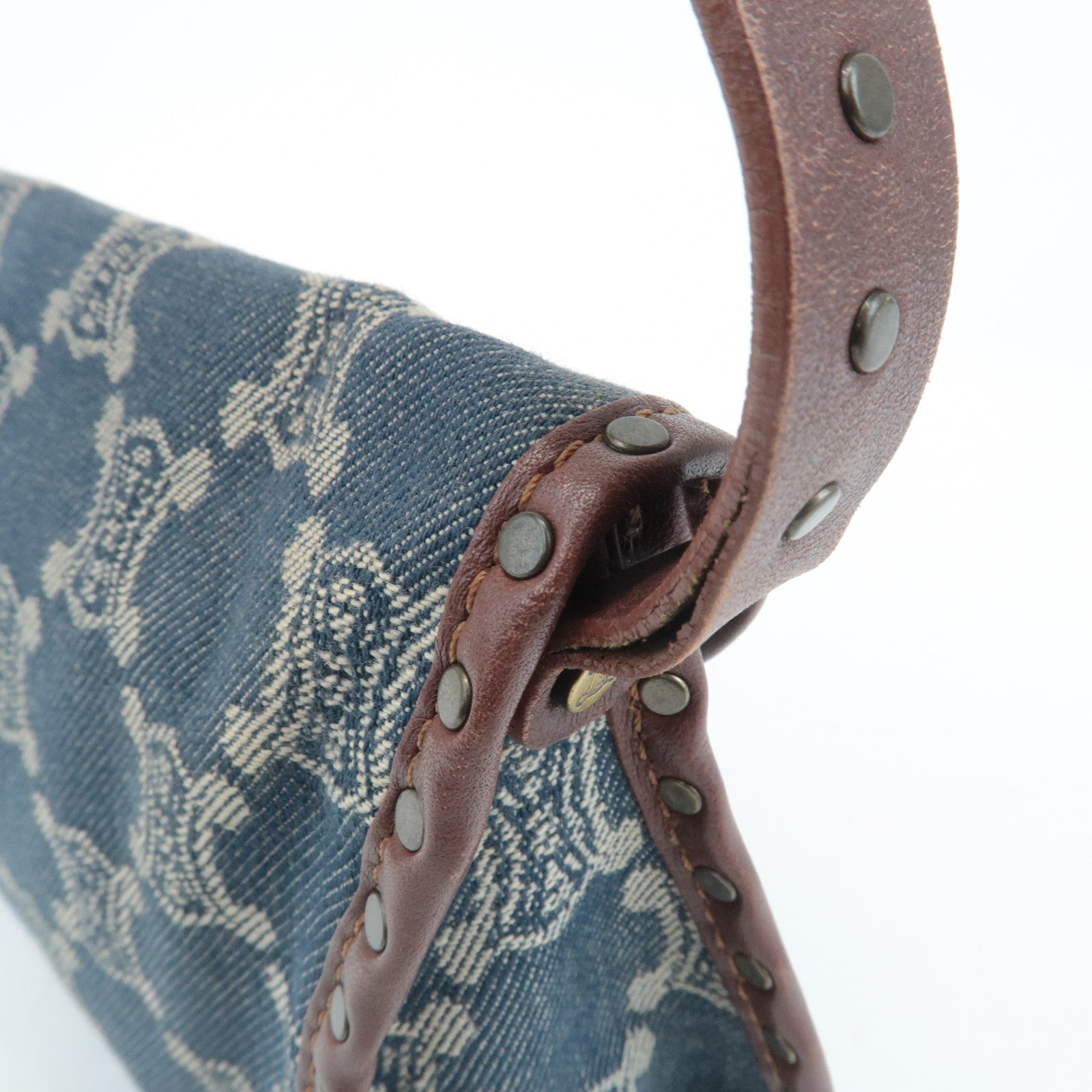 CELINE Macadam Denim Leather Shoulder Bag Blue Brown Used