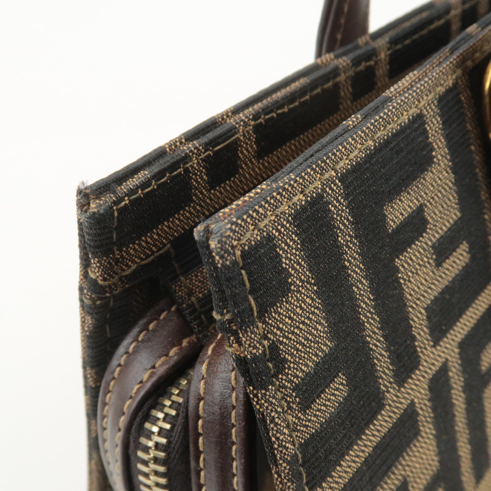 FENDI Zucca Canvas Leather Boston Bag Hand Bag Brown Black Used