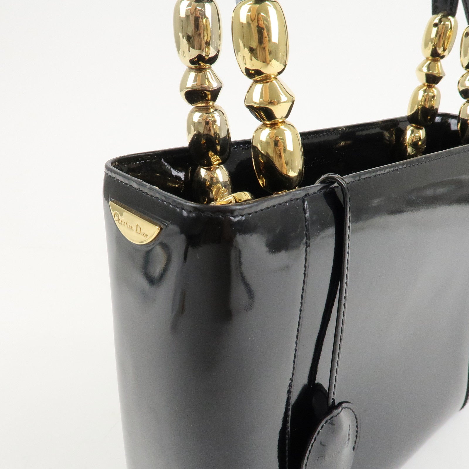 Christian Dior Maris Pearl Patent Leather Tote Bag Black Used