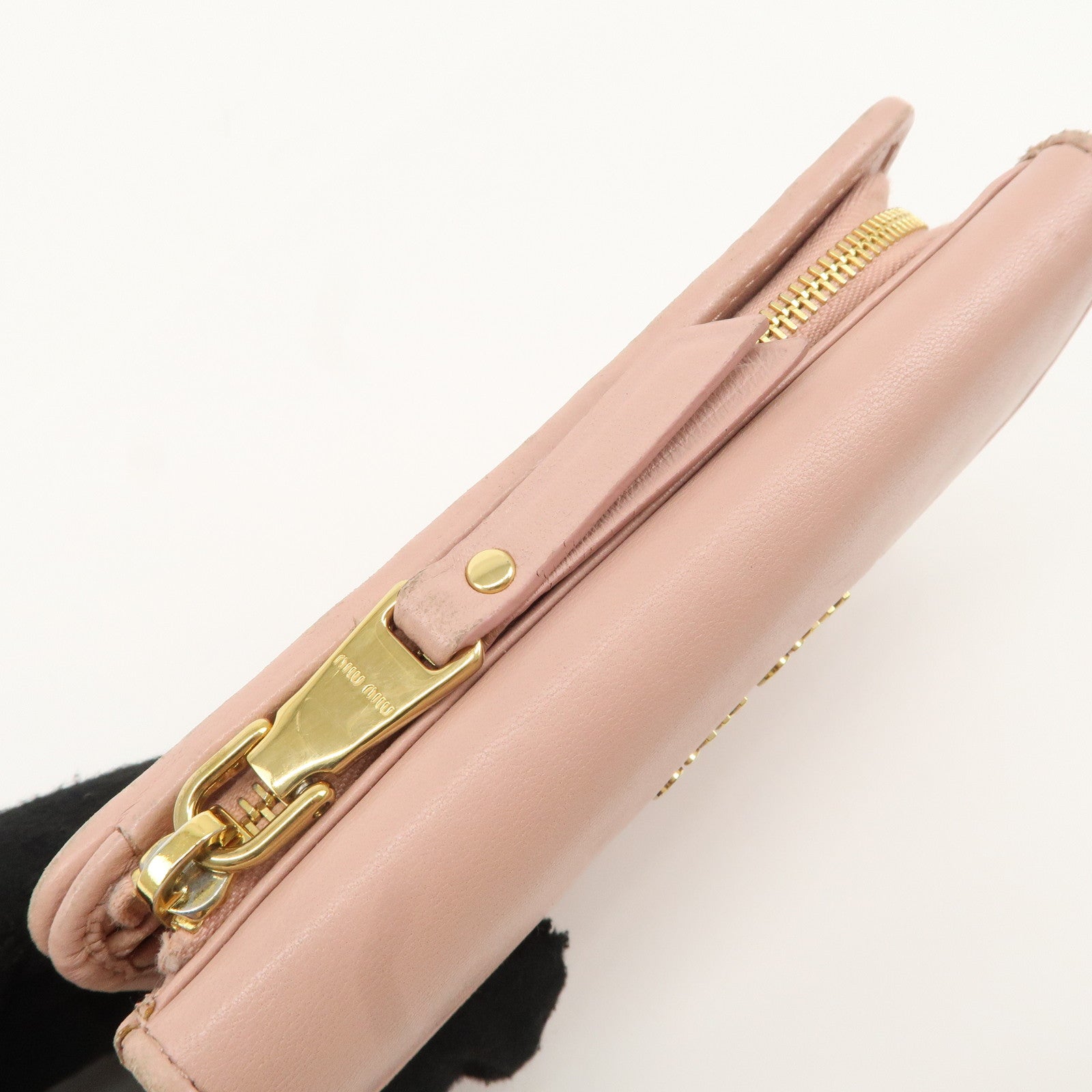 MIU MIU Matelasse Leather Round Zipper Bi-fold Wallet Pink Used