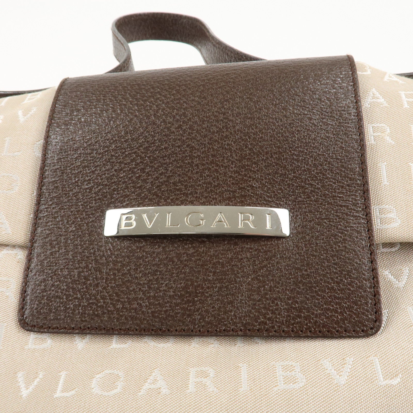 BVLGARI Logo Mania Canvas Leather Hand Bag Shoulder Bag Beige Used