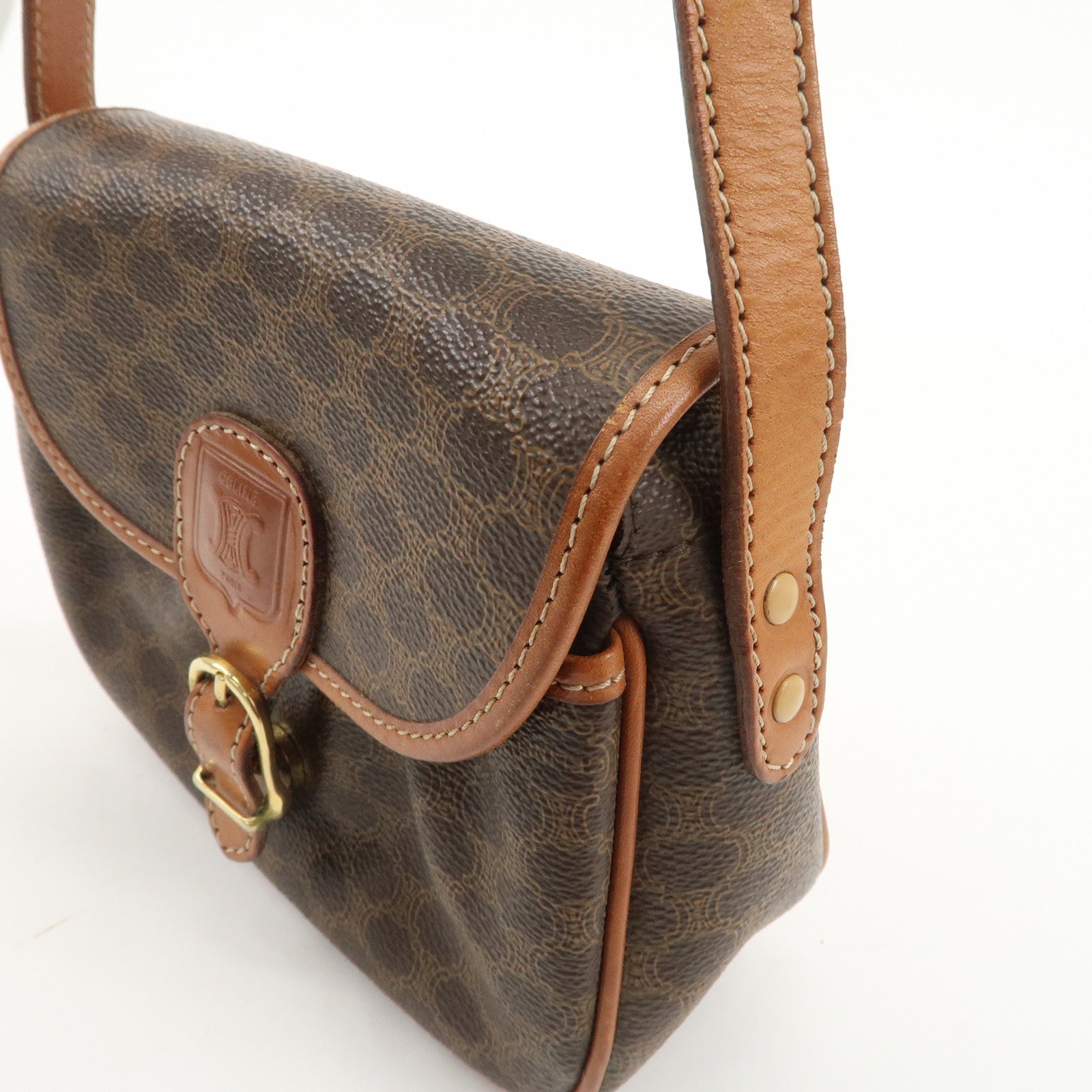 CELINE Macadam PVC Leather Shoulder Bag Brown Used