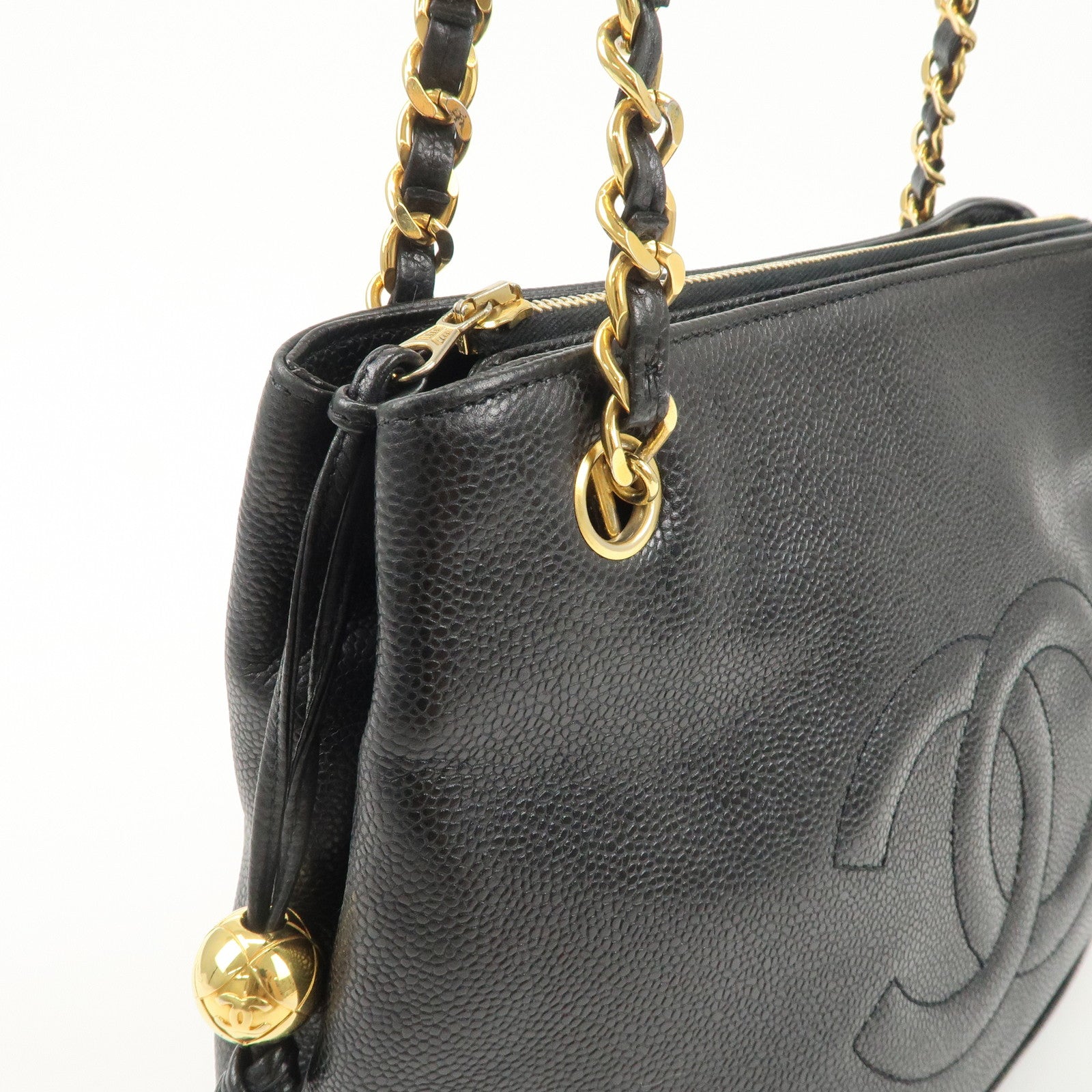 CHANEL Caviar Skin COCO Mark Chain Tote Bag Shoulder Bag Black Used