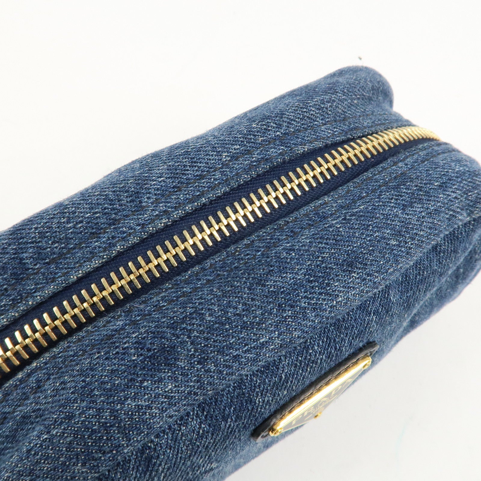 PRADA Triangle Logo Denim Pouch Cosmetic Pouch Blue Used