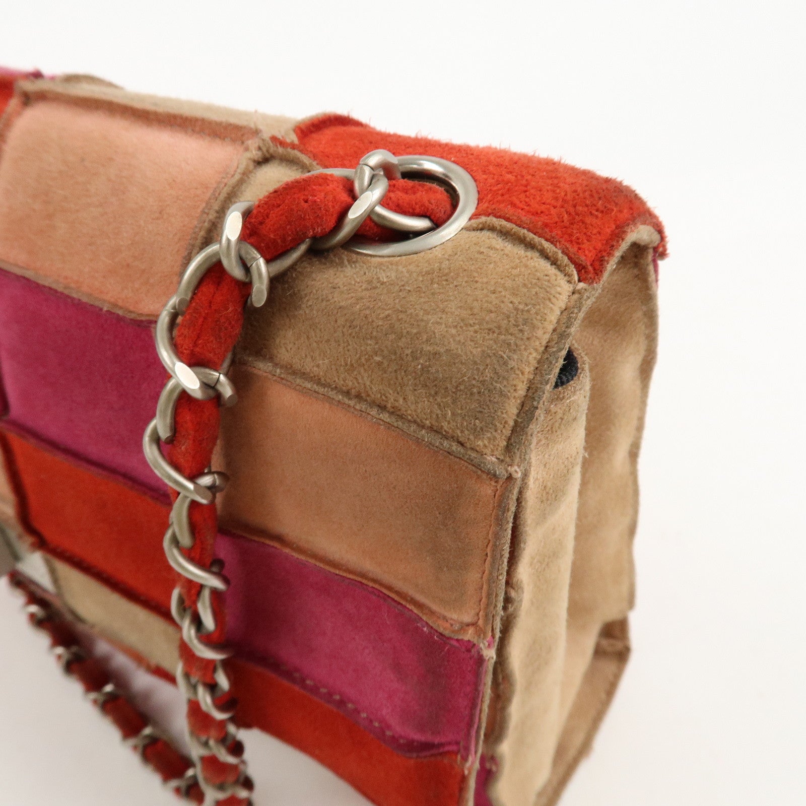 CHANEL Suede Patchwork Shoulder Bag Pink Beige Red Used