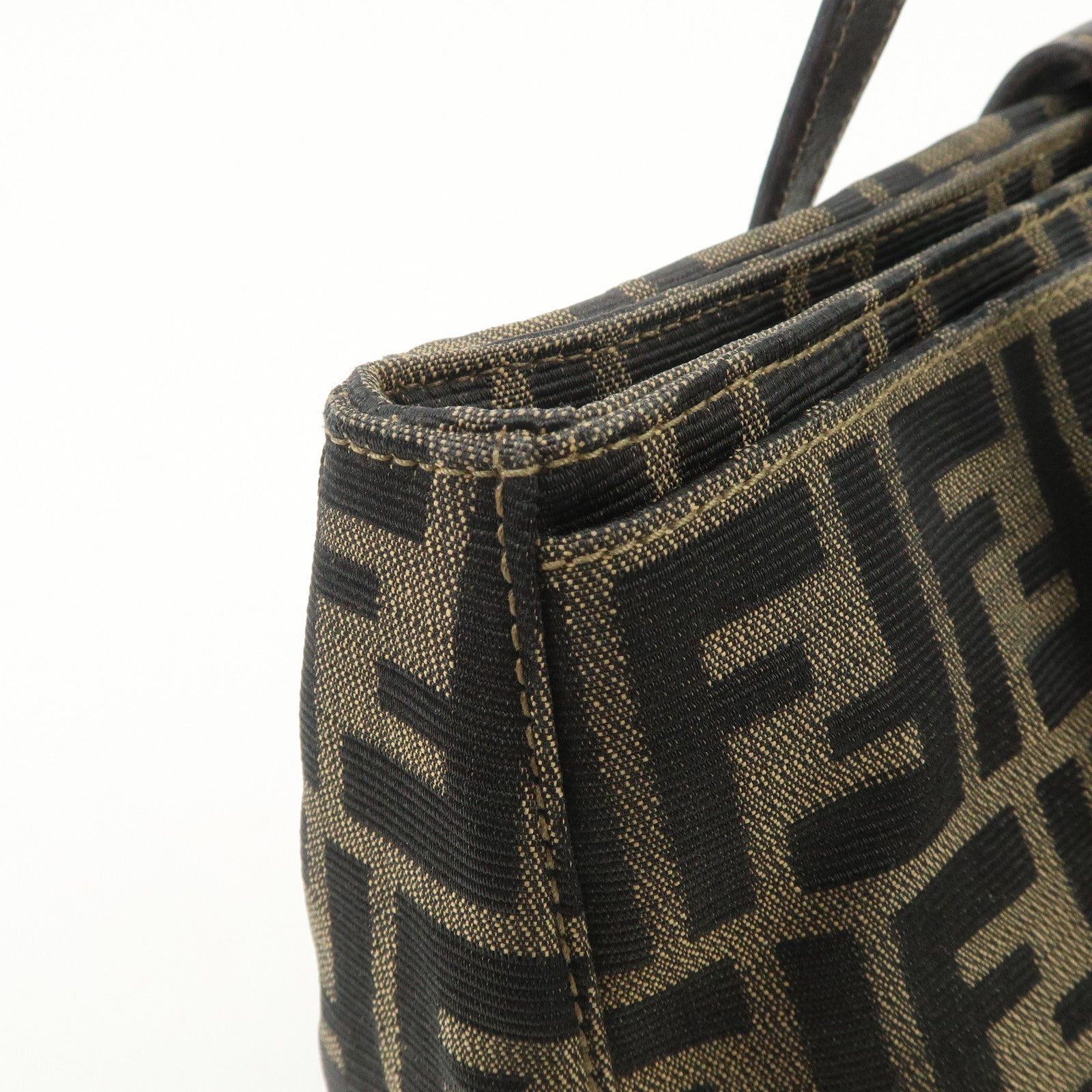 FENDI Zucca Canvas Leather Hand Bag Brown Black Gold Hardware Used