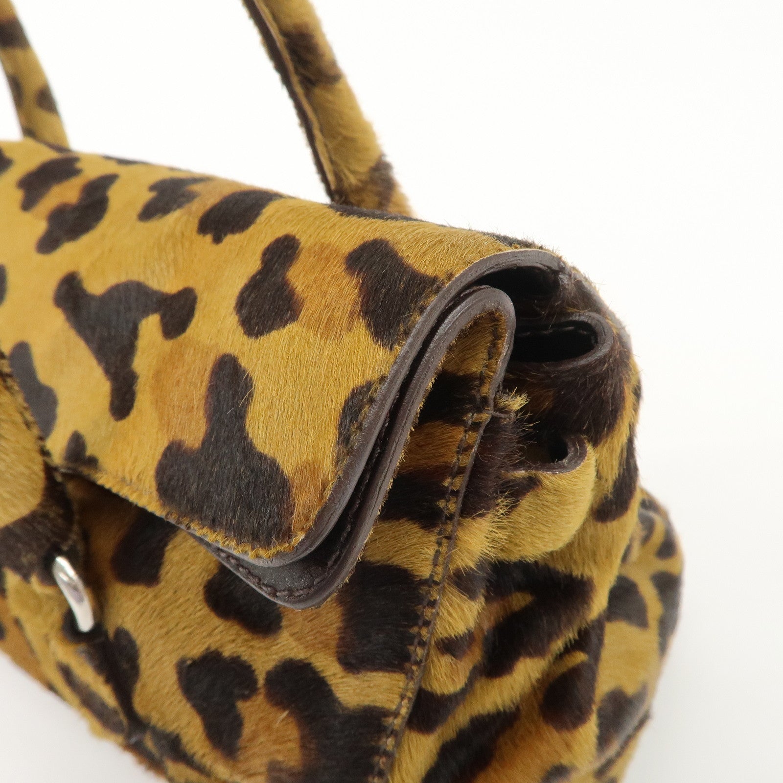 PRADA Logo Unborn Calf Leopard Shoulder Bag Hand Bag Brown Used