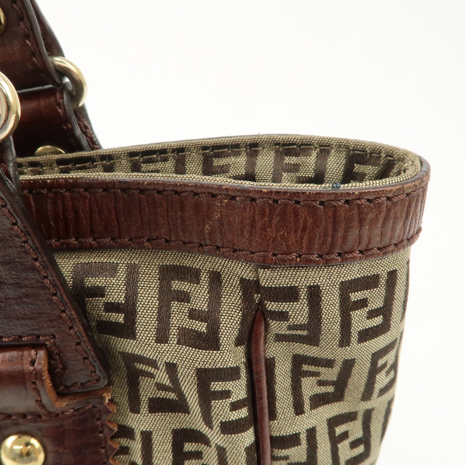 FENDI Zucchino Canvas Leather Tote Bag Khaki Brown 8BH161 Used