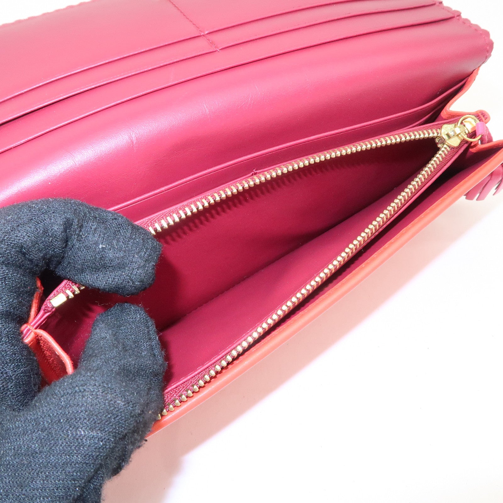 LOEWE Anagram Leather Bi-fold Pinking Long Wallet Red Used