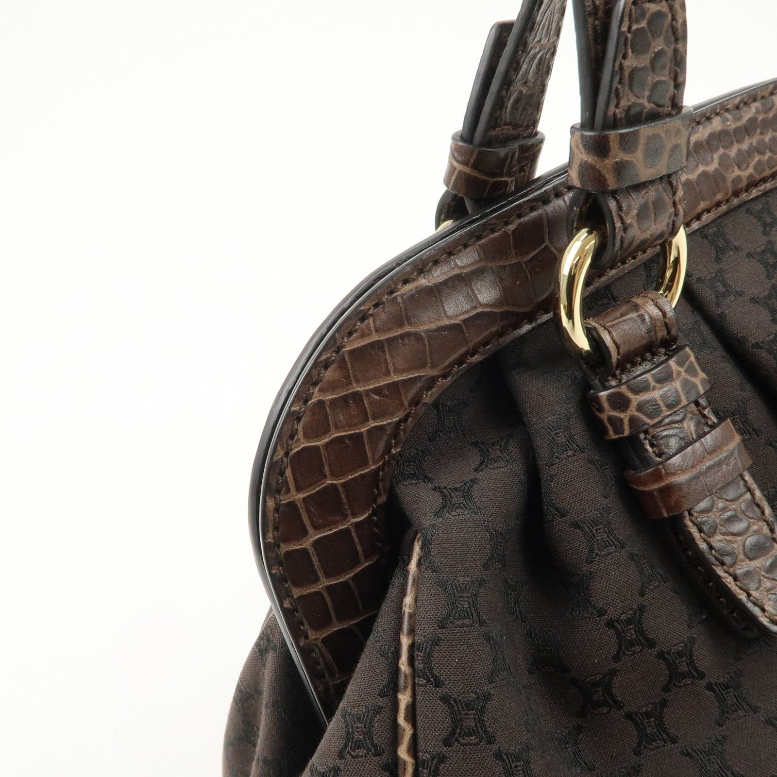 CELINE Macadam Canvas Leather Shoulder Bag Fringe Brown Used