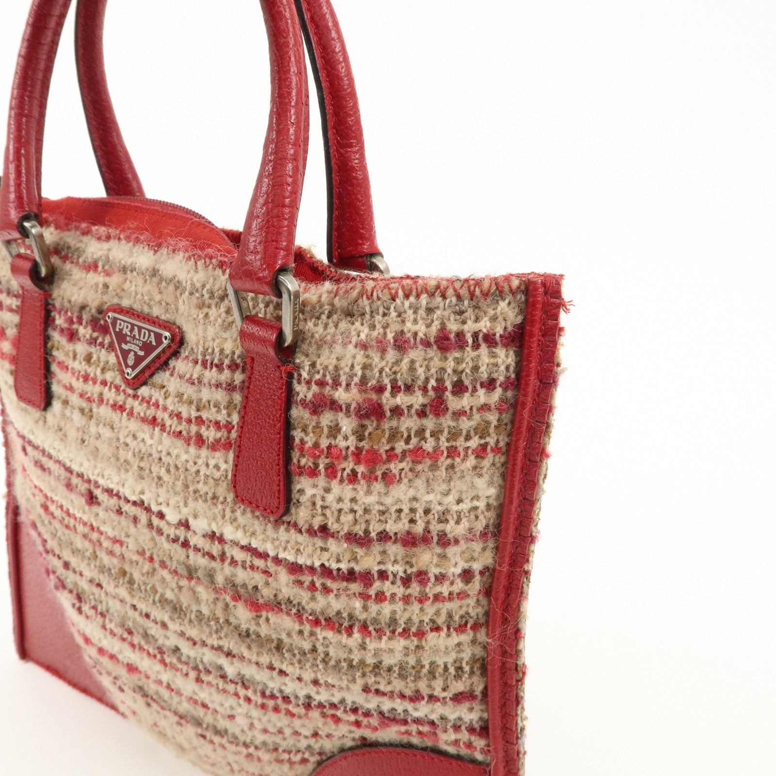 PRADA Logo Tweed Leather Hand Bag Beige Red Used