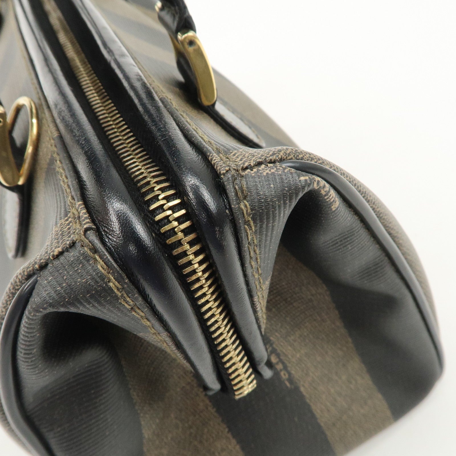 FENDI Pequin PVC Leather Boston Bag Black Brown 259022 Used
