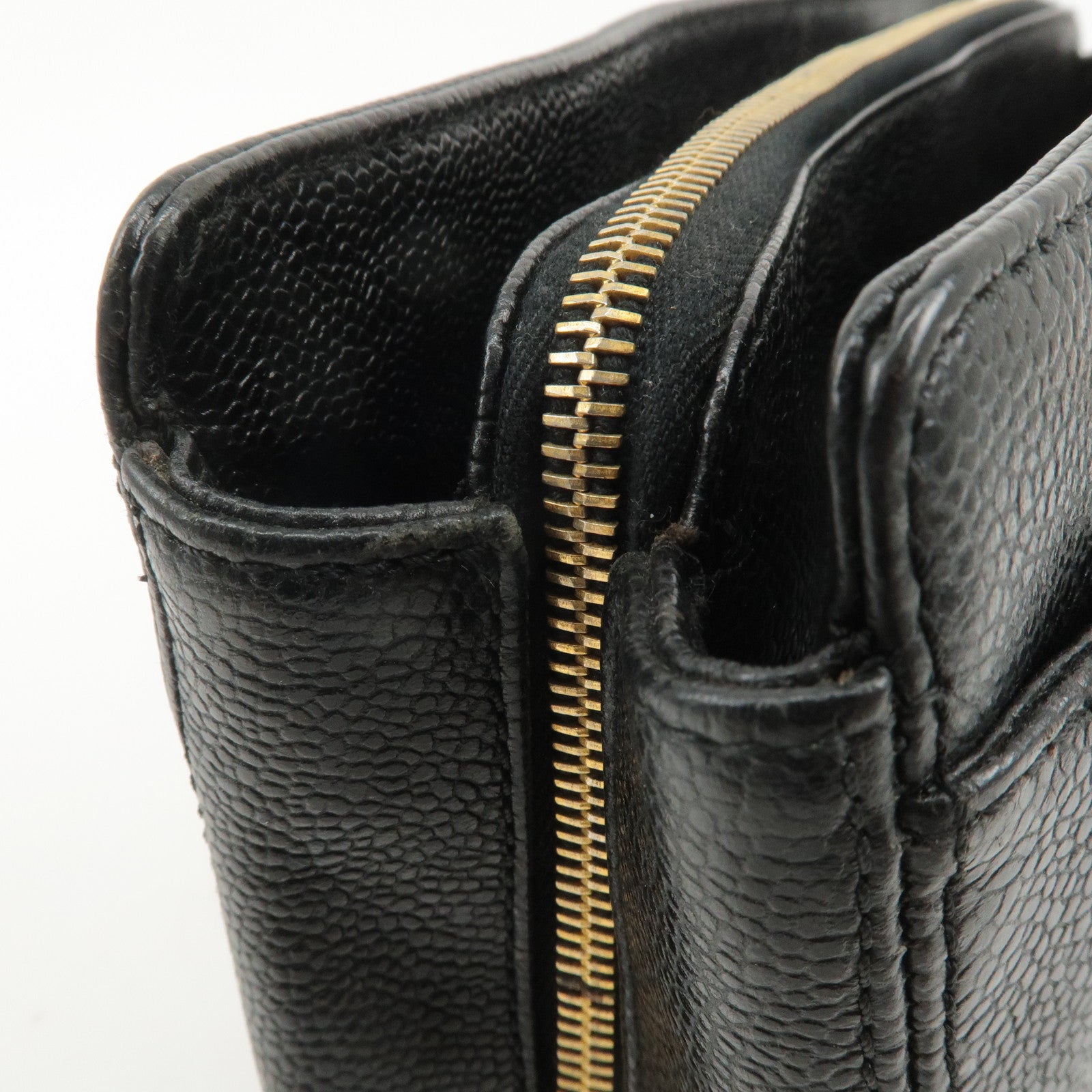 CHANEL Caviar Skin Chain Tote Bag Black Gold Used