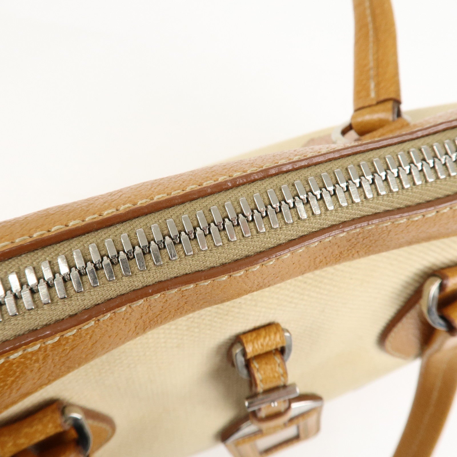PRADA Canvas Leather Triangle Logo Boston Bag Ivory Brown Used