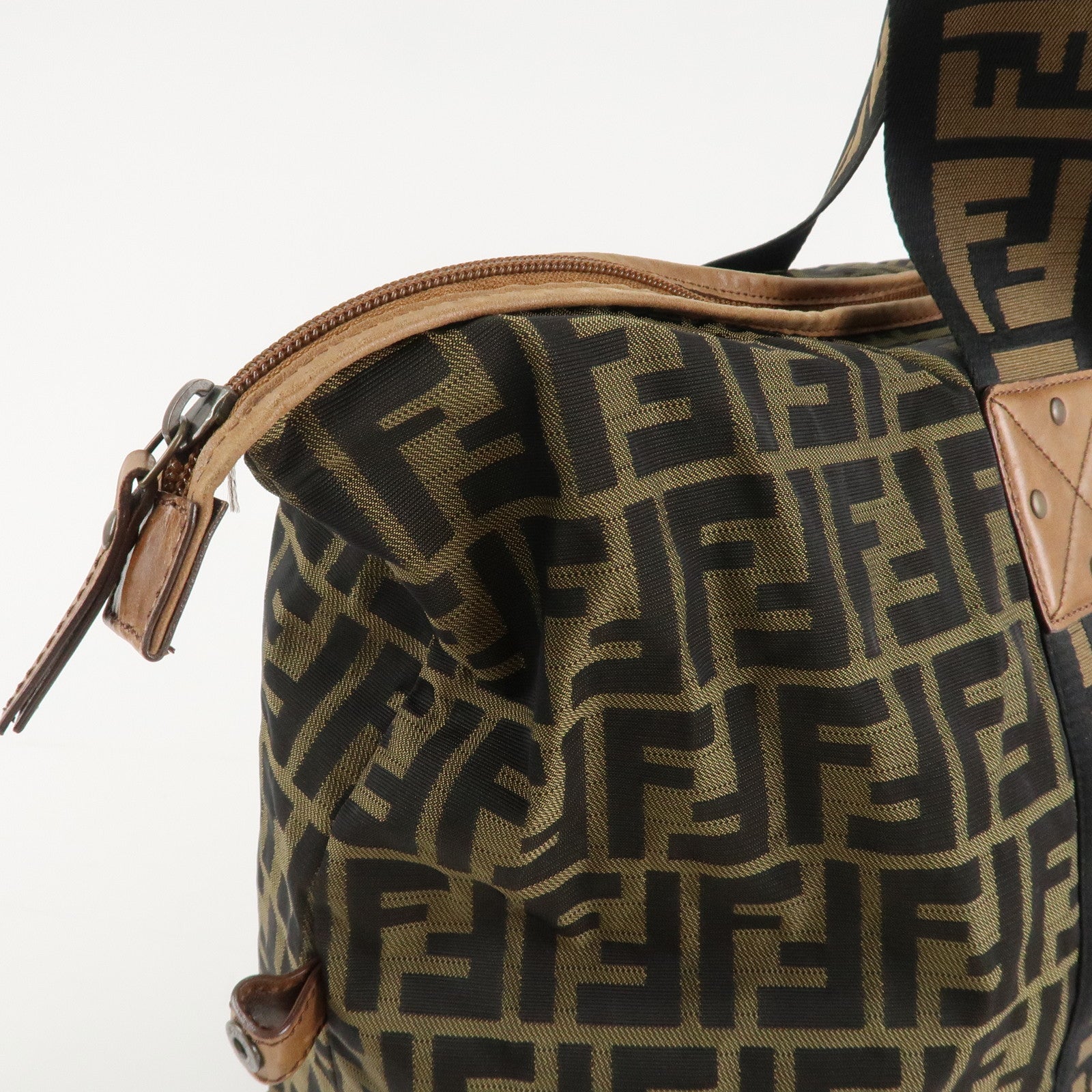 FENDI Zucca Nylon Leather Boston Bag Brown Black 7VS071 Used