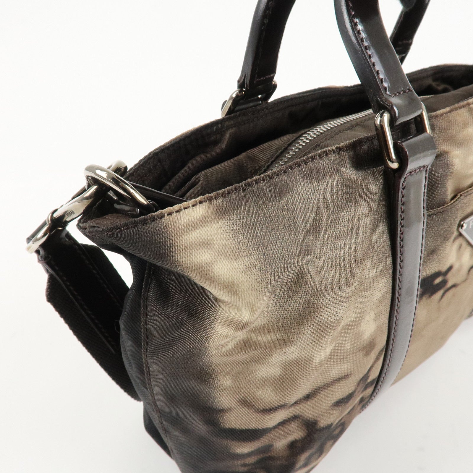 PRADA Nylon Patent Leather 2Way Bag Beige Black Dark Brown Used